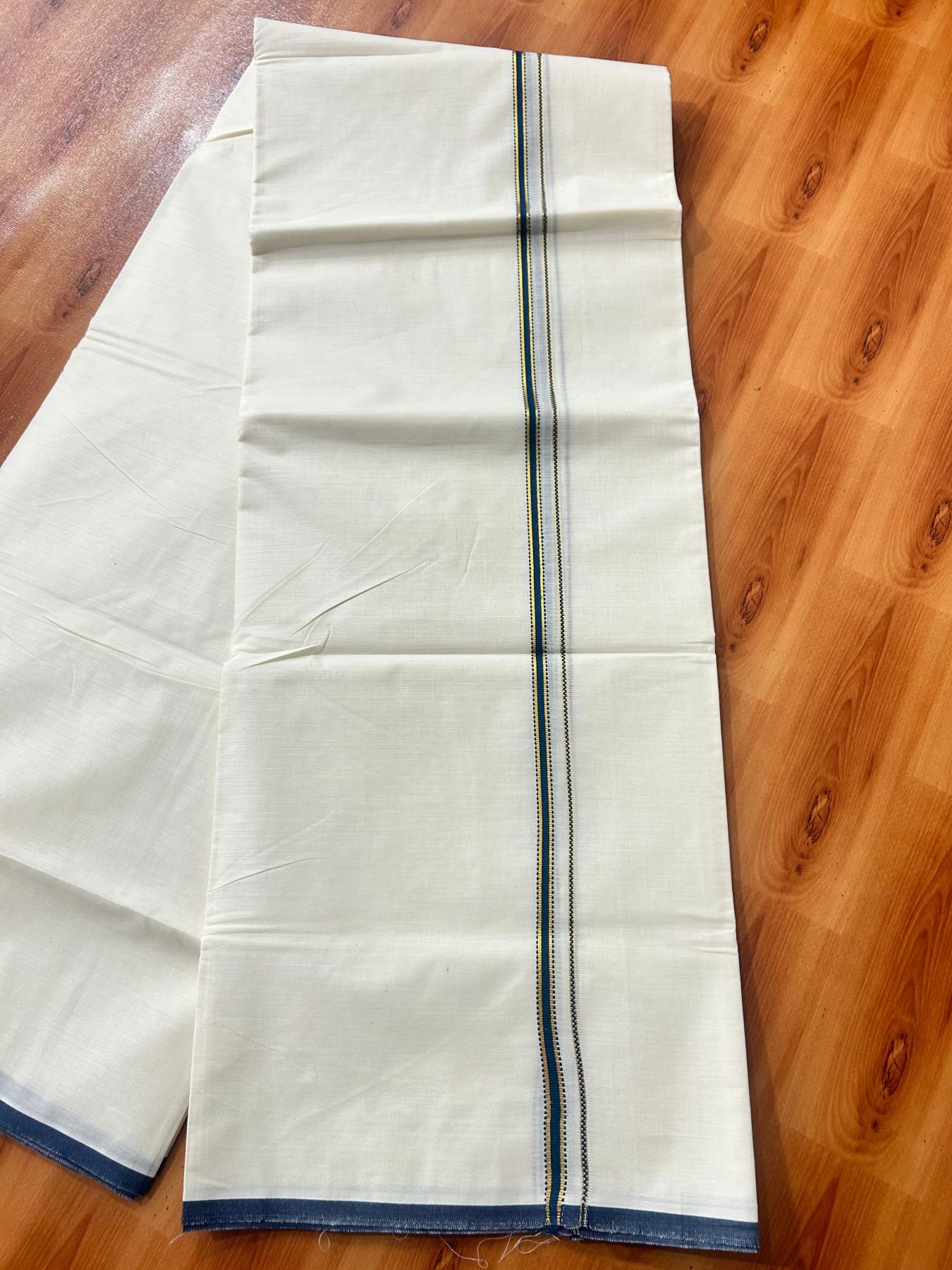 Double Off white (Unbleached) Mundu/Dhoti - 20% Discount! KaithariKada Pure Cotton (80s) - 1 cm Gold Kasav Peacock Blue Kara 4 mtr (8.5 muzham) - 16 KK5479 GAN
