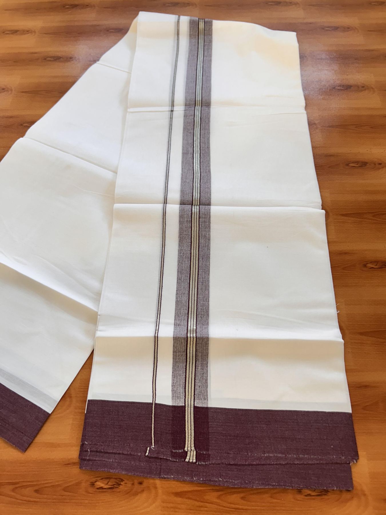 Pure White Double Mundu/Dhoti - 20% Discount ! Kaitharikada Balaramapuram 100% Cotton - 100x80 - 1.5 inch Silver Kasav & Wine Purple Shaded Striped Kara 3.90 m (8 muzham) - 18 KK5432 PMC