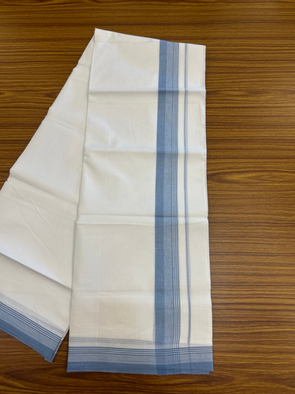 20% Discount ! Kaitharikada Balaramapuram 100% Cotton PURE WHITE Double Mundu/Dothi - 100x80 - 1.5 inch Light Blue Shaded Striped Kara 3.90 mtr (8 muzham) - 90 KK5294 THI