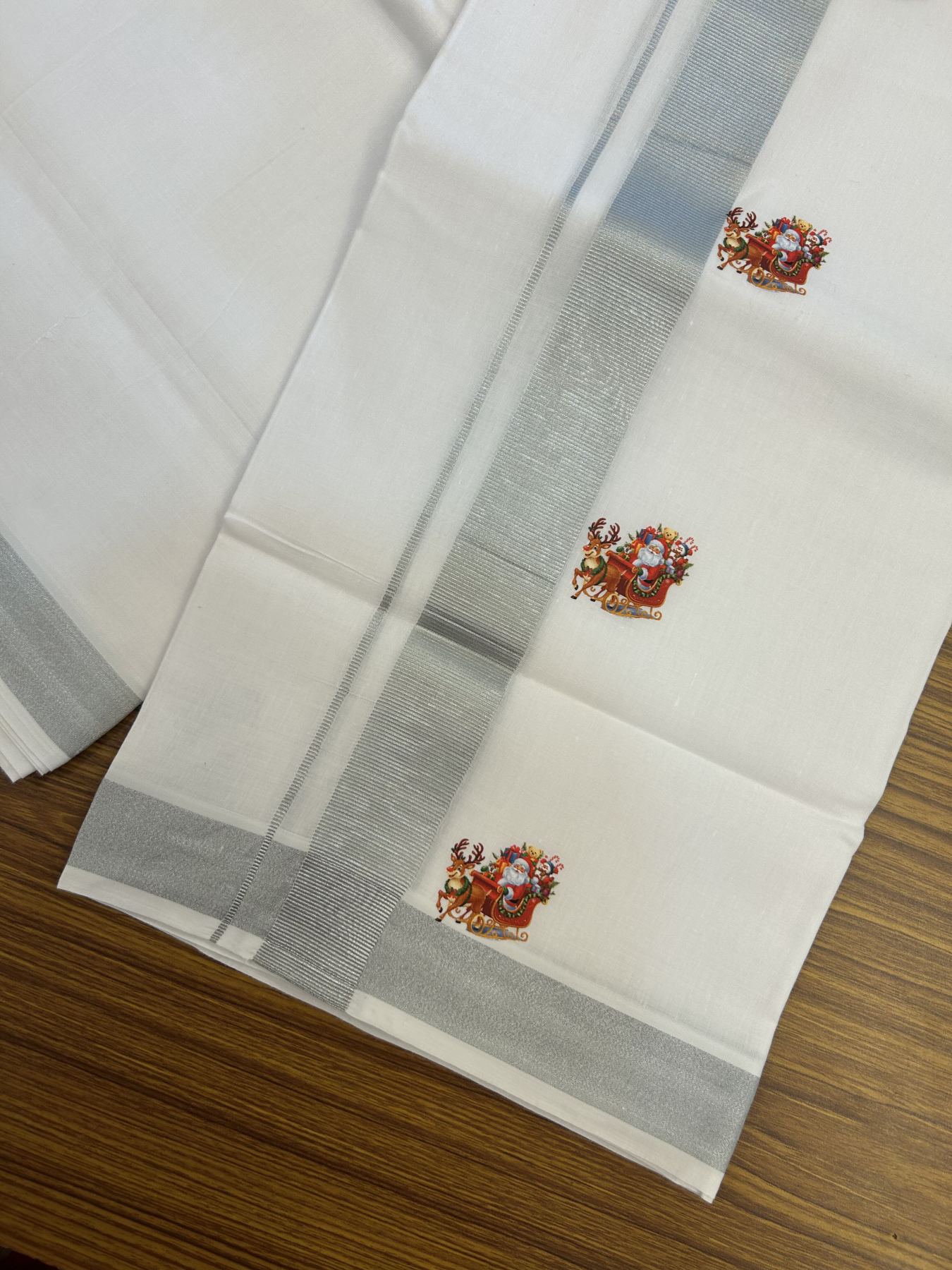 Christmas Special - 35% Discount ! KaithariKada Balaramapuram - Double Pure white Mundu/Dhoti- 60s - 50% Cotton & 50% Polyester - 1.5 inch Silver Kasav Santa Claus Printed Kara - 3.70 mtr (8 muzham) - 71 KK5329 GAN