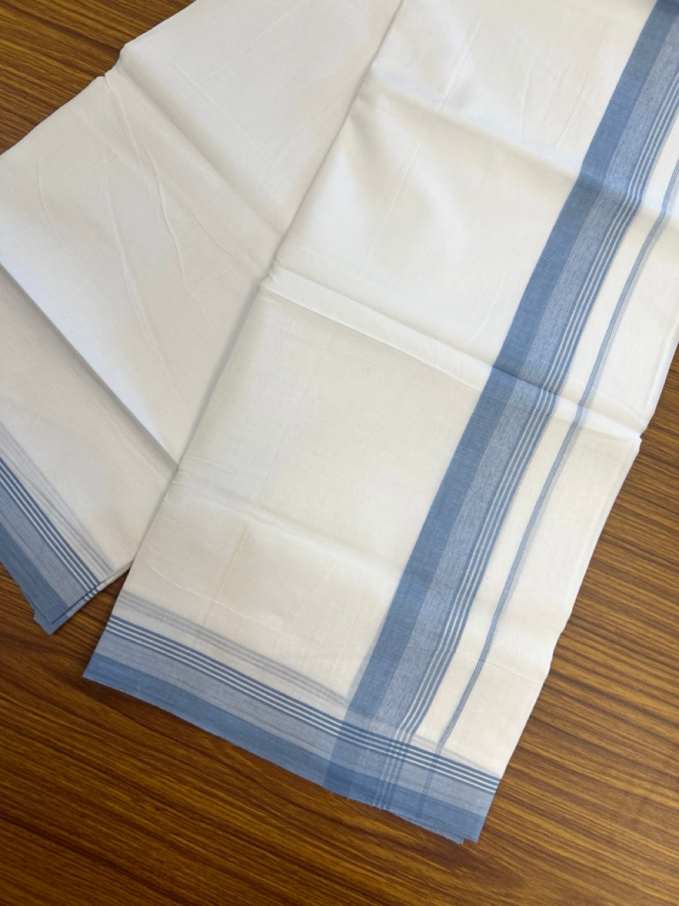 20% Discount ! Kaitharikada Balaramapuram 100% Cotton PURE WHITE Double Mundu/Dothi - 100x80 - 1.5 inch Light Blue Shaded Striped Kara 3.90 mtr (8 muzham) - 90 KK5294 THI