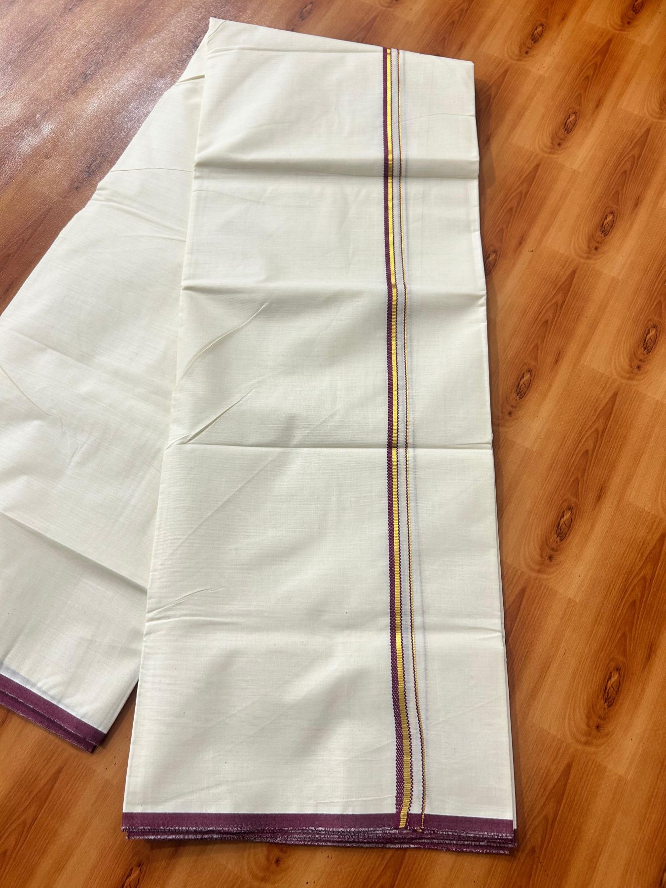 Double Off white (Unbleached) Mundu/Dhoti - 20% Discount! KaithariKada Pure Cotton (80s) - 1 cm Gold Kasav wine purple Kara 4 mtr (8.5 muzham) - 11 KK5479 GAN