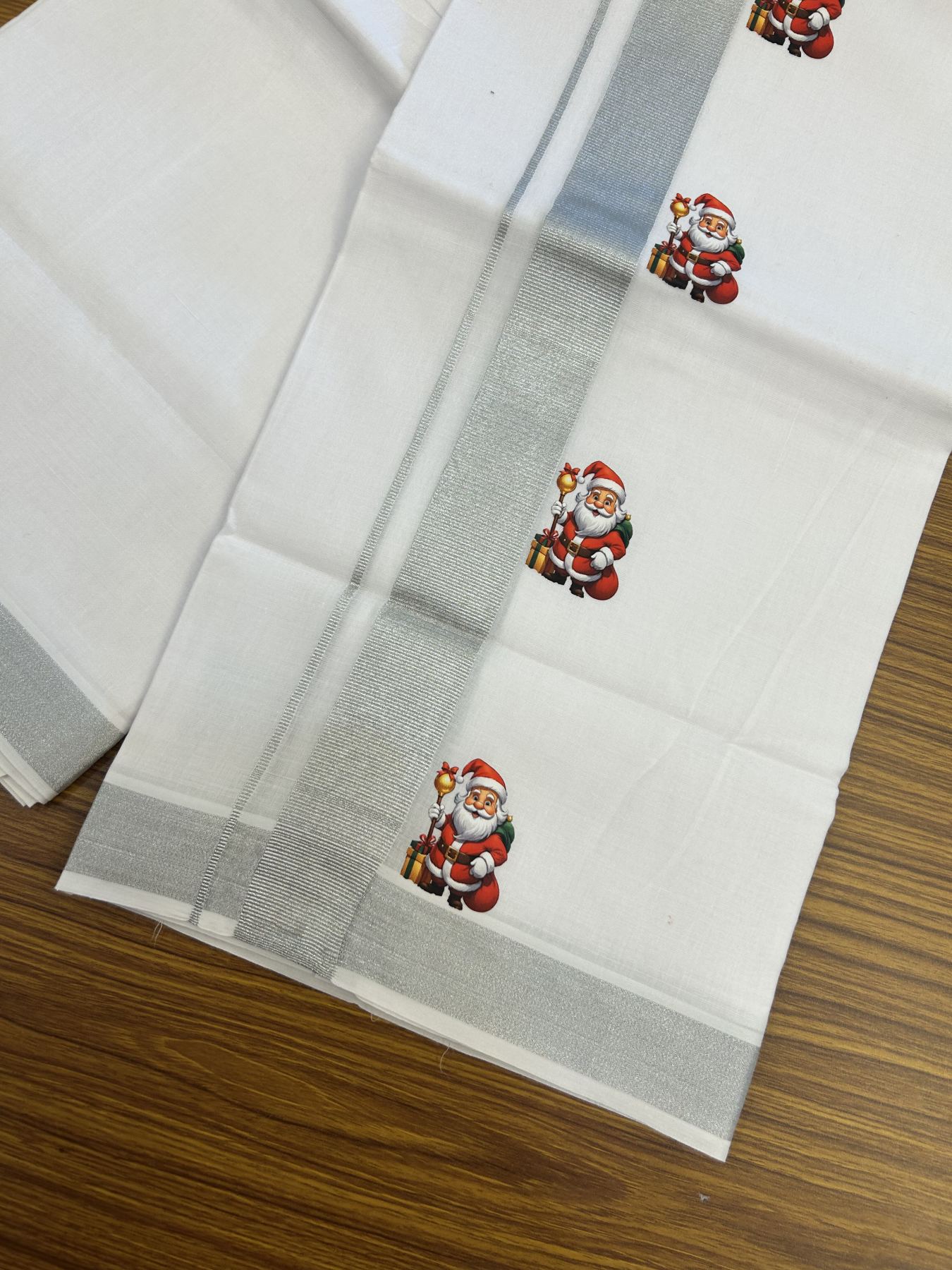 Christmas Special - 35% Discount ! KaithariKada Balaramapuram - Double Pure white Mundu/Dhoti- 60s - 50% Cotton & 50% Polyester - 1.5 inch Silver Kasav Santa Claus Printed Kara - 3.70 mtr (8 muzham) - 69 KK5329 GAN