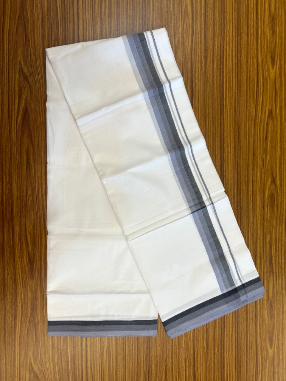 20% Discount ! Kaitharikada Balaramapuram 100% Cotton PURE WHITE Double Mundu/Dothi - 100x80 - 1.25 inch Lavender & Black Shaded Striped Kara 3.90 mtr (8 muzham) - 92 KK5294 THI