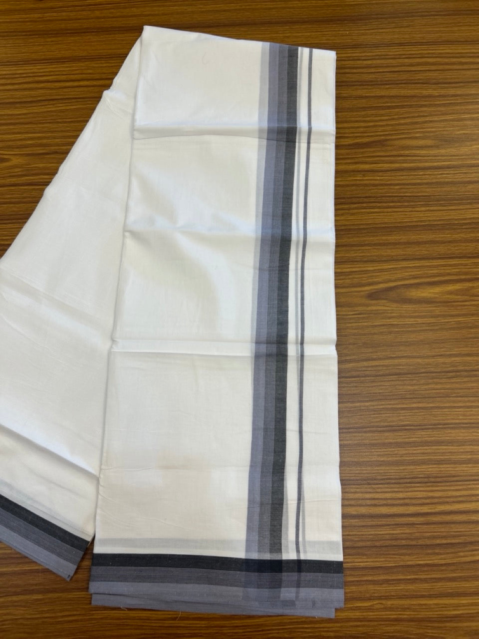 20% Discount ! Kaitharikada Balaramapuram 100% Cotton PURE WHITE Double Mundu/Dothi - 100x80 - 1.25 inch Lavender & Black Shaded Striped Kara 3.90 mtr (8 muzham) - 92 KK5294 THI