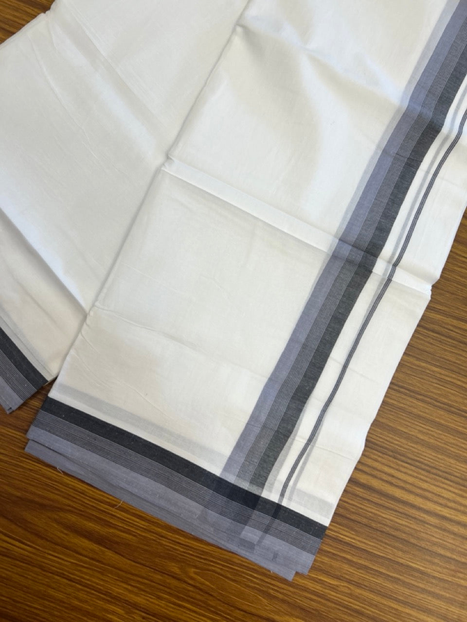 20% Discount ! Kaitharikada Balaramapuram 100% Cotton PURE WHITE Double Mundu/Dothi - 100x80 - 1.25 inch Lavender & Black Shaded Striped Kara 3.90 mtr (8 muzham) - 92 KK5294 THI