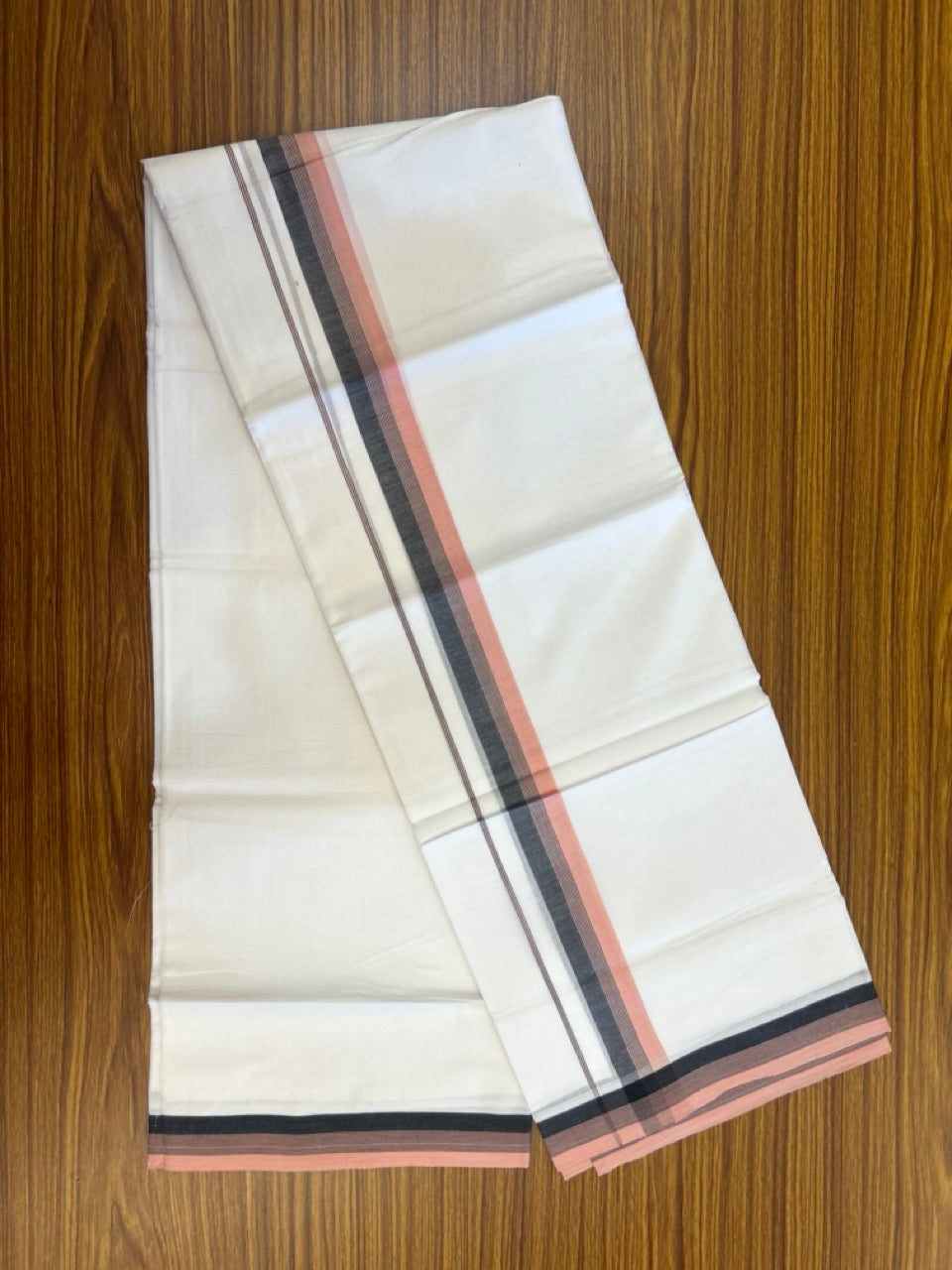 20% Discount ! Kaitharikada Balaramapuram 100% Cotton PURE WHITE Double Mundu/Dothi - 100x80 - 1.25 inch Peach & Black Shaded Striped Kara 3.90 mtr (8 muzham) - 93 KK5294 THI