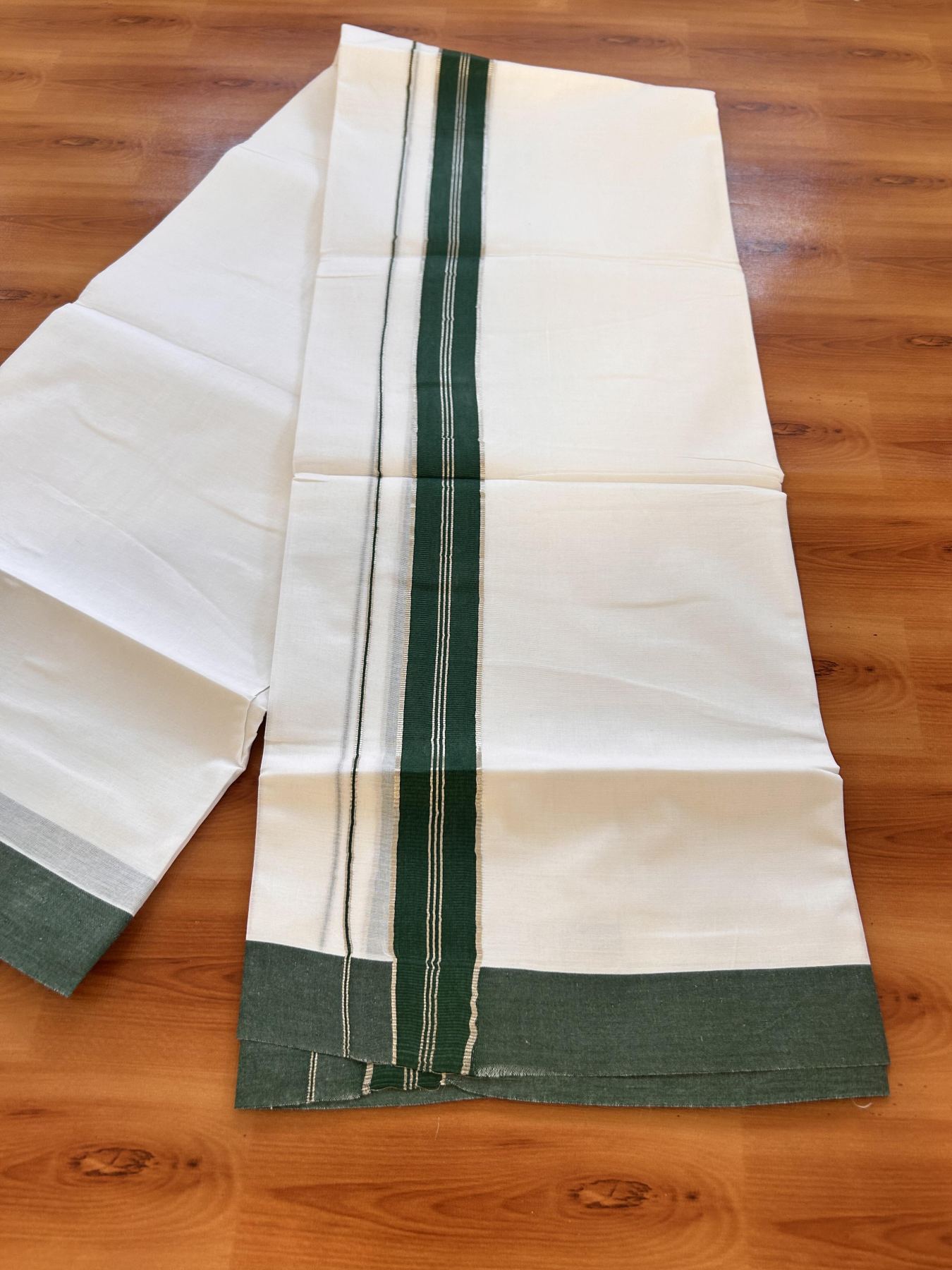 20% Discount ! Kaitharikada Balaramapuram 100% Cotton Pure White Double Mundu/Dothi - 100x80 - 1.5 inch Silver Kasav & Dark Green Striped Kara 3.90 m (8 muzham) - 14 KK5432 PMC