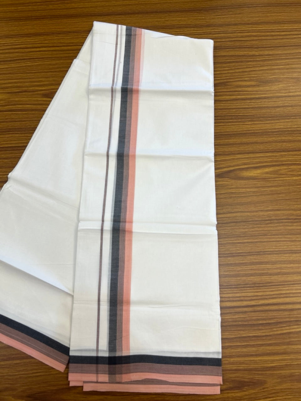 20% Discount ! Kaitharikada Balaramapuram 100% Cotton PURE WHITE Double Mundu/Dothi - 100x80 - 1.25 inch Peach & Black Shaded Striped Kara 3.90 mtr (8 muzham) - 93 KK5294 THI