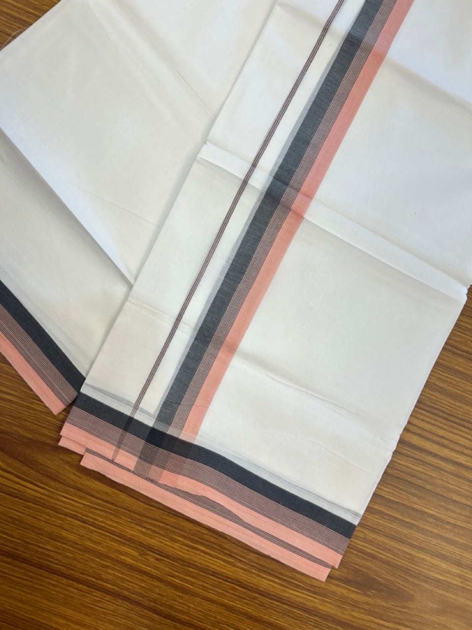 20% Discount ! Kaitharikada Balaramapuram 100% Cotton PURE WHITE Double Mundu/Dothi - 100x80 - 1.25 inch Peach & Black Shaded Striped Kara 3.90 mtr (8 muzham) - 93 KK5294 THI