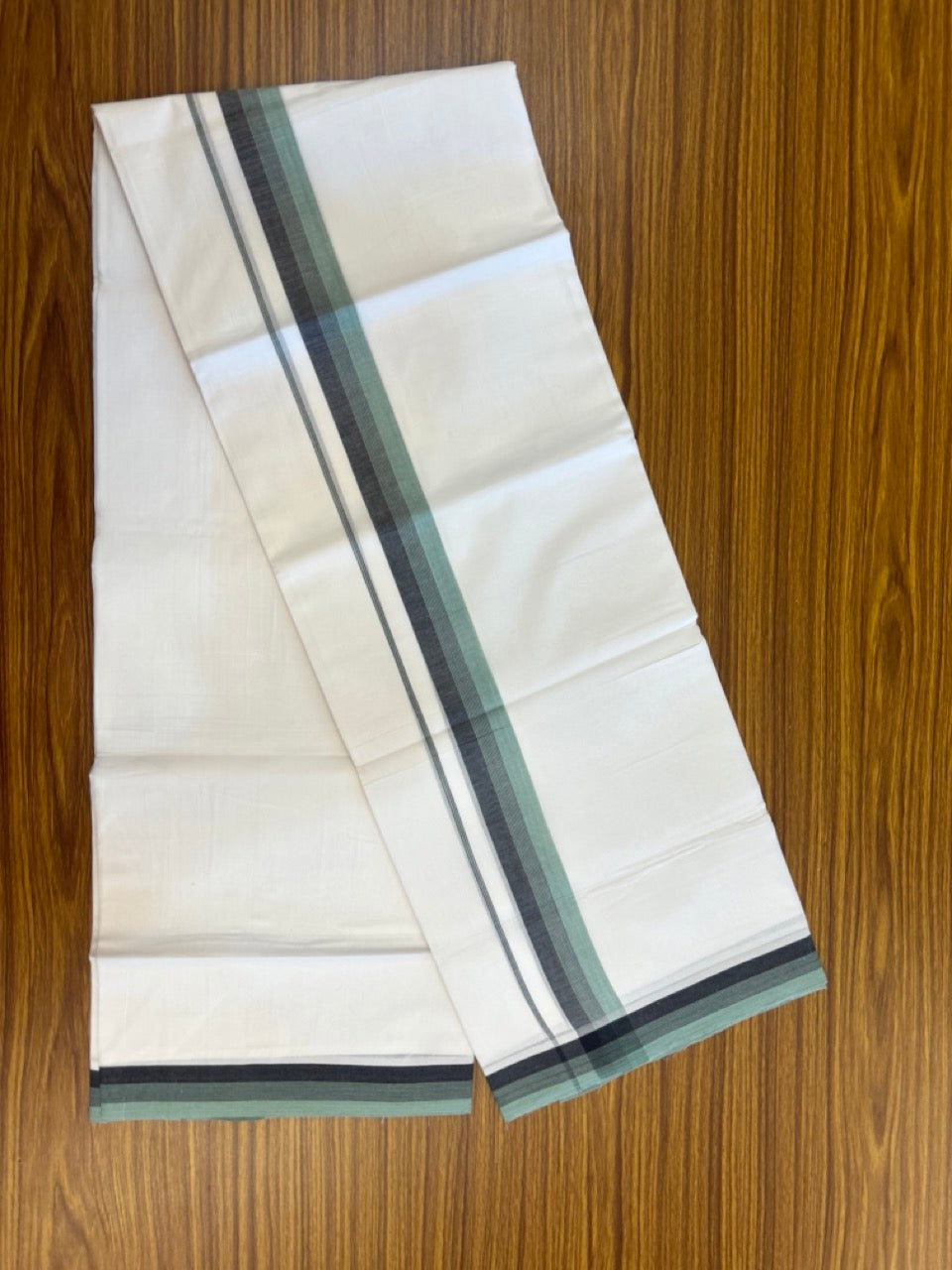 20% Discount ! Kaitharikada Balaramapuram 100% Cotton PURE WHITE Double Mundu/Dothi - 100x80 - 1.5 inch Teal Green & Black Shaded Striped Kara 3.90 mtr (8 muzham) - 94 KK5294 THI