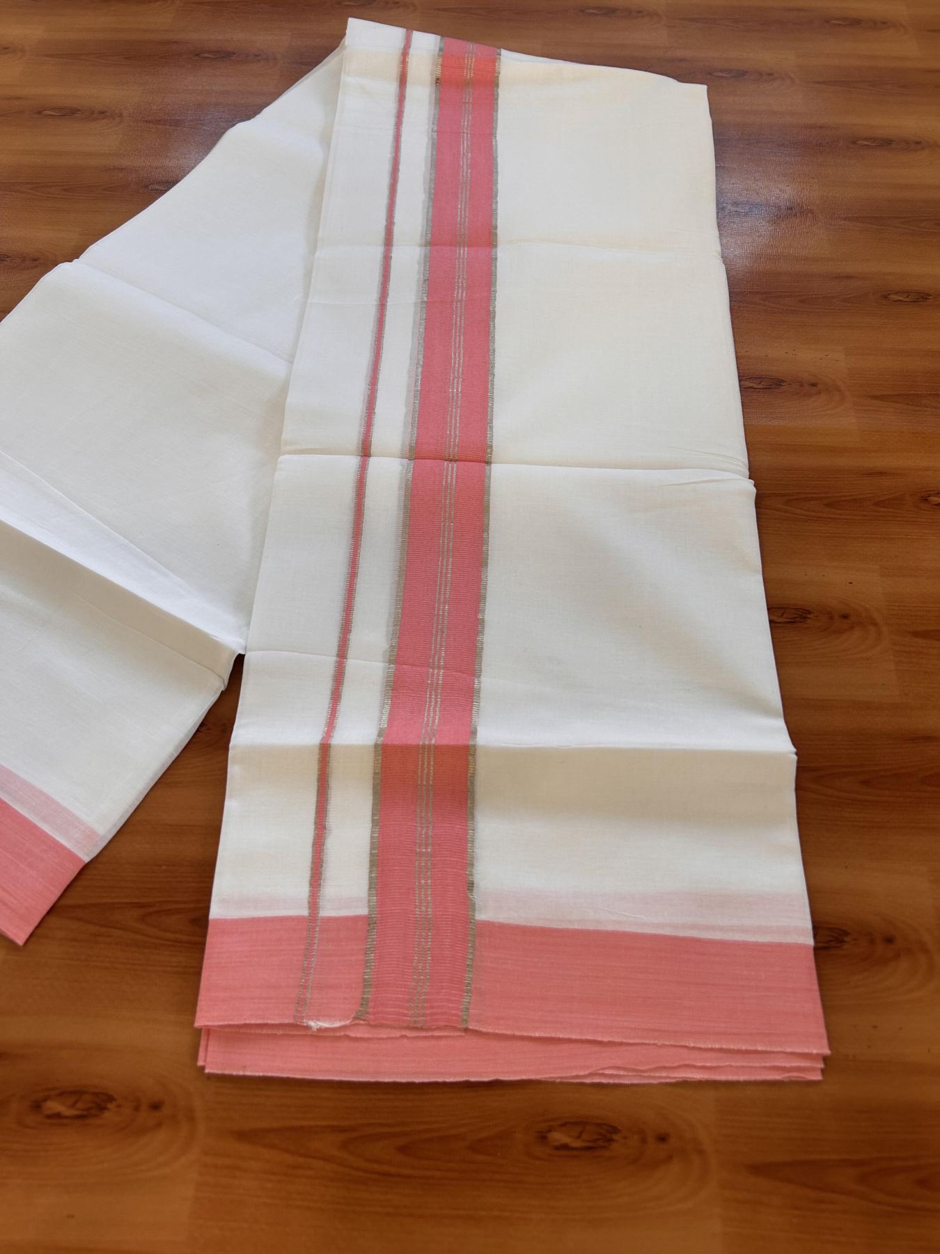 20% Discount ! Kaitharikada Balaramapuram 100% Cotton Pure White Double Mundu/Dothi - 100x80 - 1.5 inch Silver Kasav & Peach pink Striped Kara 3.90 m (8 muzham) - 11 KK5432 PMC