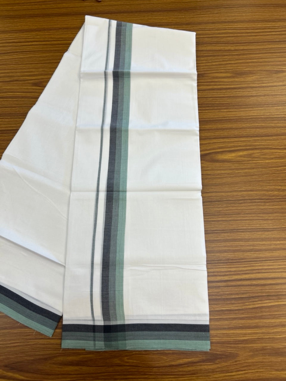 20% Discount ! Kaitharikada Balaramapuram 100% Cotton PURE WHITE Double Mundu/Dothi - 100x80 - 1.5 inch Teal Green & Black Shaded Striped Kara 3.90 mtr (8 muzham) - 94 KK5294 THI