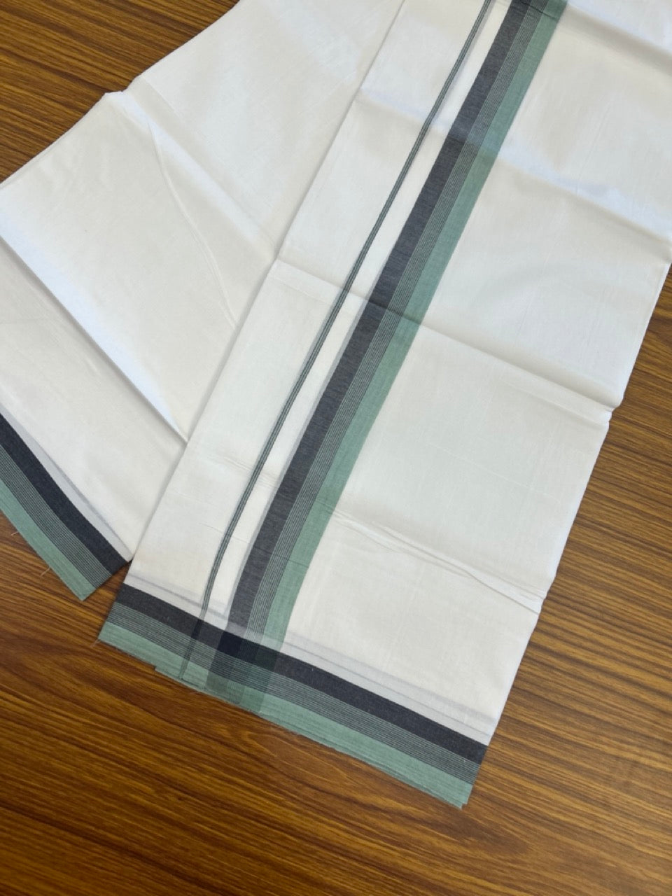 20% Discount ! Kaitharikada Balaramapuram 100% Cotton PURE WHITE Double Mundu/Dothi - 100x80 - 1.5 inch Teal Green & Black Shaded Striped Kara 3.90 mtr (8 muzham) - 94 KK5294 THI