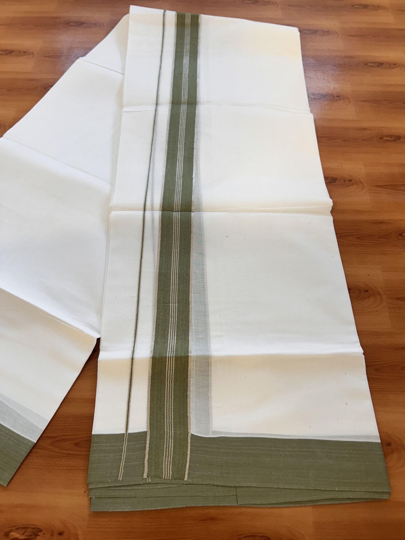 Pure White Double Mundu/Dhoti - 20% Discount ! Kaitharikada Balaramapuram 100% Cotton - 100x80 - 1.5 inch Silver Kasav & Olive Green Striped Kara 3.90 m (8 muzham) - 15 KK5432 PMC