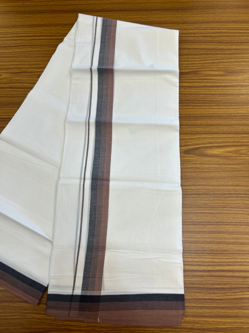 20% Discount ! Kaitharikada Balaramapuram 100% Cotton PURE WHITE Double Mundu/Dothi - 100x80 - 1.5 inch Brown & Black Shaded Striped Kara 3.90 mtr (8 muzham) - 95 KK5294 THI