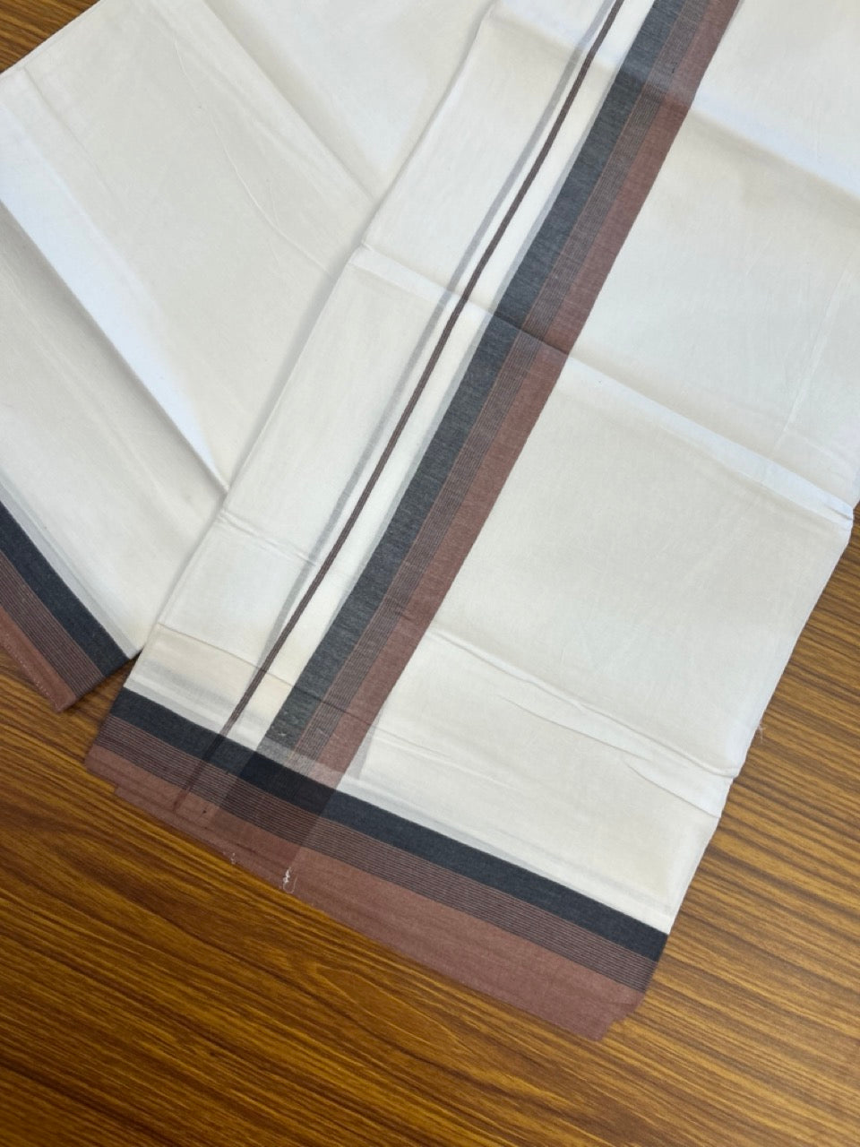 20% Discount ! Kaitharikada Balaramapuram 100% Cotton PURE WHITE Double Mundu/Dothi - 100x80 - 1.5 inch Brown & Black Shaded Striped Kara 3.90 mtr (8 muzham) - 95 KK5294 THI