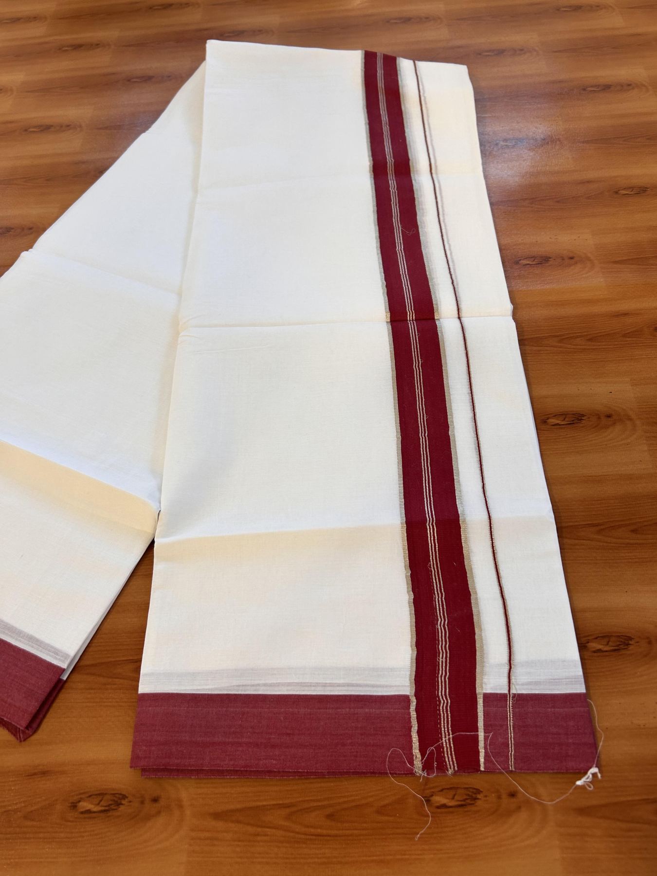 20% Discount ! Kaitharikada Balaramapuram 100% Cotton Pure White Double Mundu/Dothi - 100x80 - 1.5 inch Silver Kasav & Maroon Striped Kara 3.90 m (8 muzham) - 12 KK5432 PMC