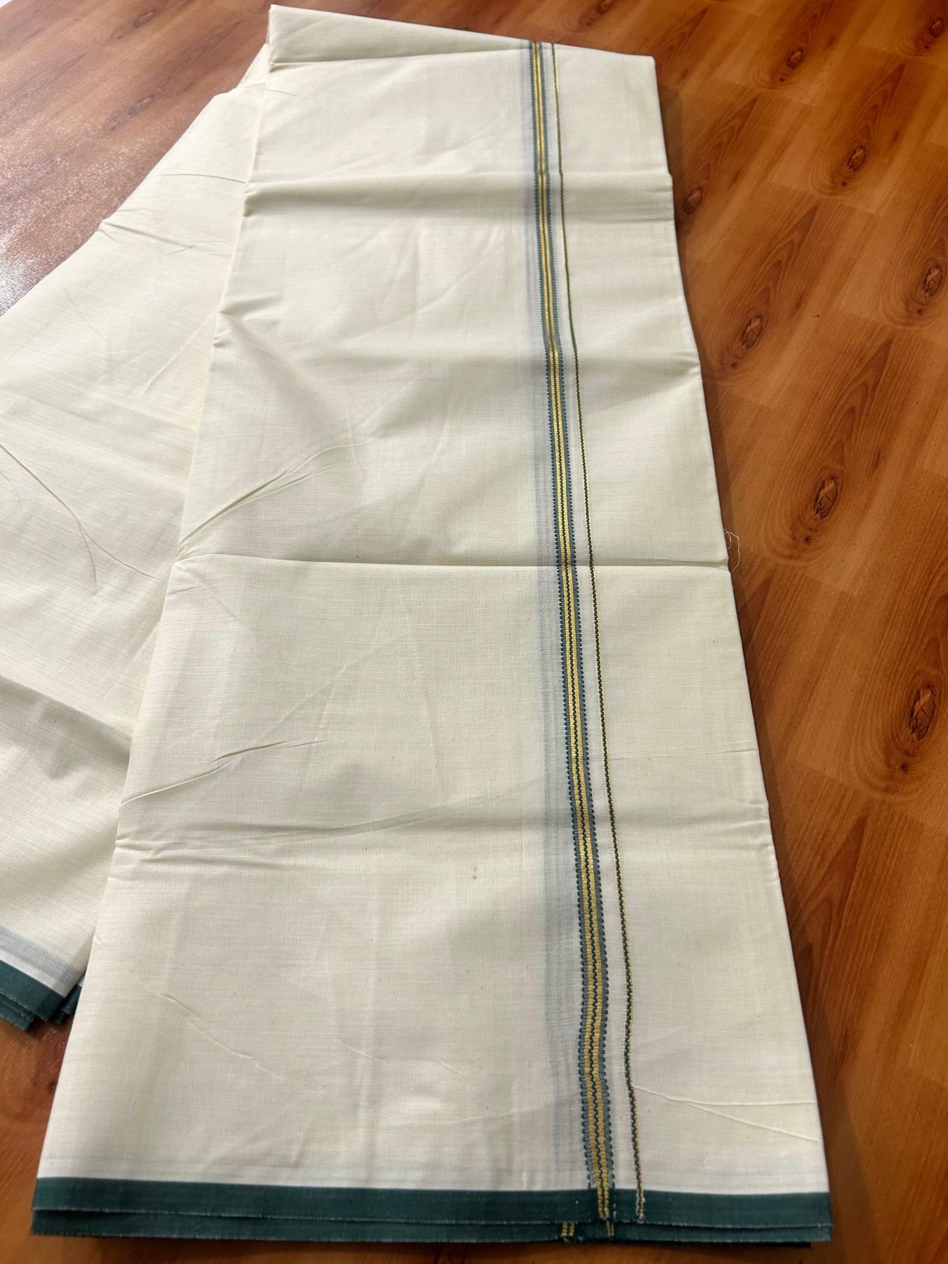 Double Off white (Unbleached) Mundu/Dhoti - 20% Discount! KaithariKada Pure Cotton (80s) - 1 cm Gold Kasav Green Kara 4 mtr (8.5 muzham) - 4 KK5479 GAN