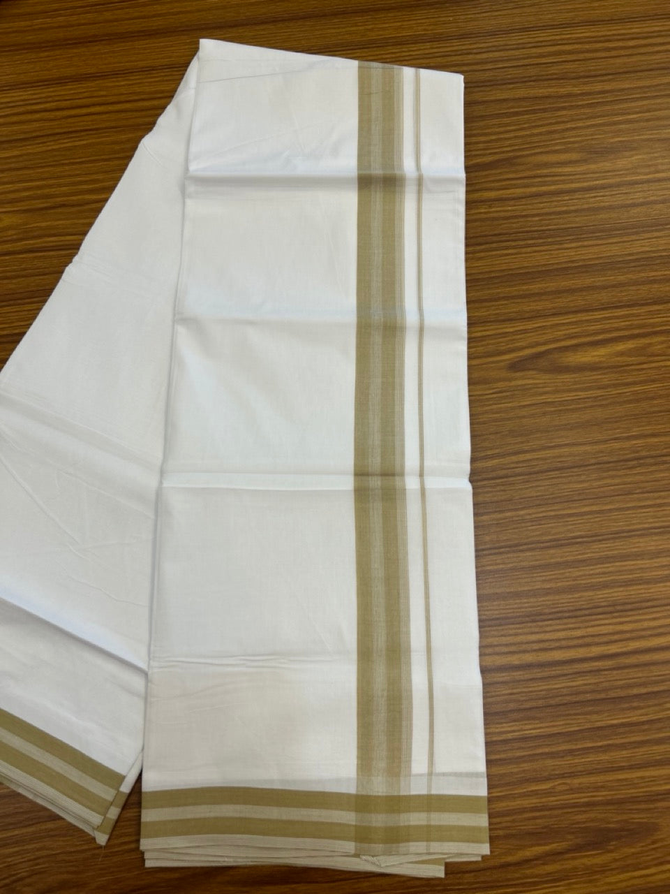 20% Discount ! Kaitharikada Balaramapuram 100% Cotton PURE WHITE Double Mundu/Dothi - 100x80 - 1.5 inch Dark Mustard Yellow Shaded Striped Kara 3.90 mtr (8 muzham) - 96 KK5294 THI