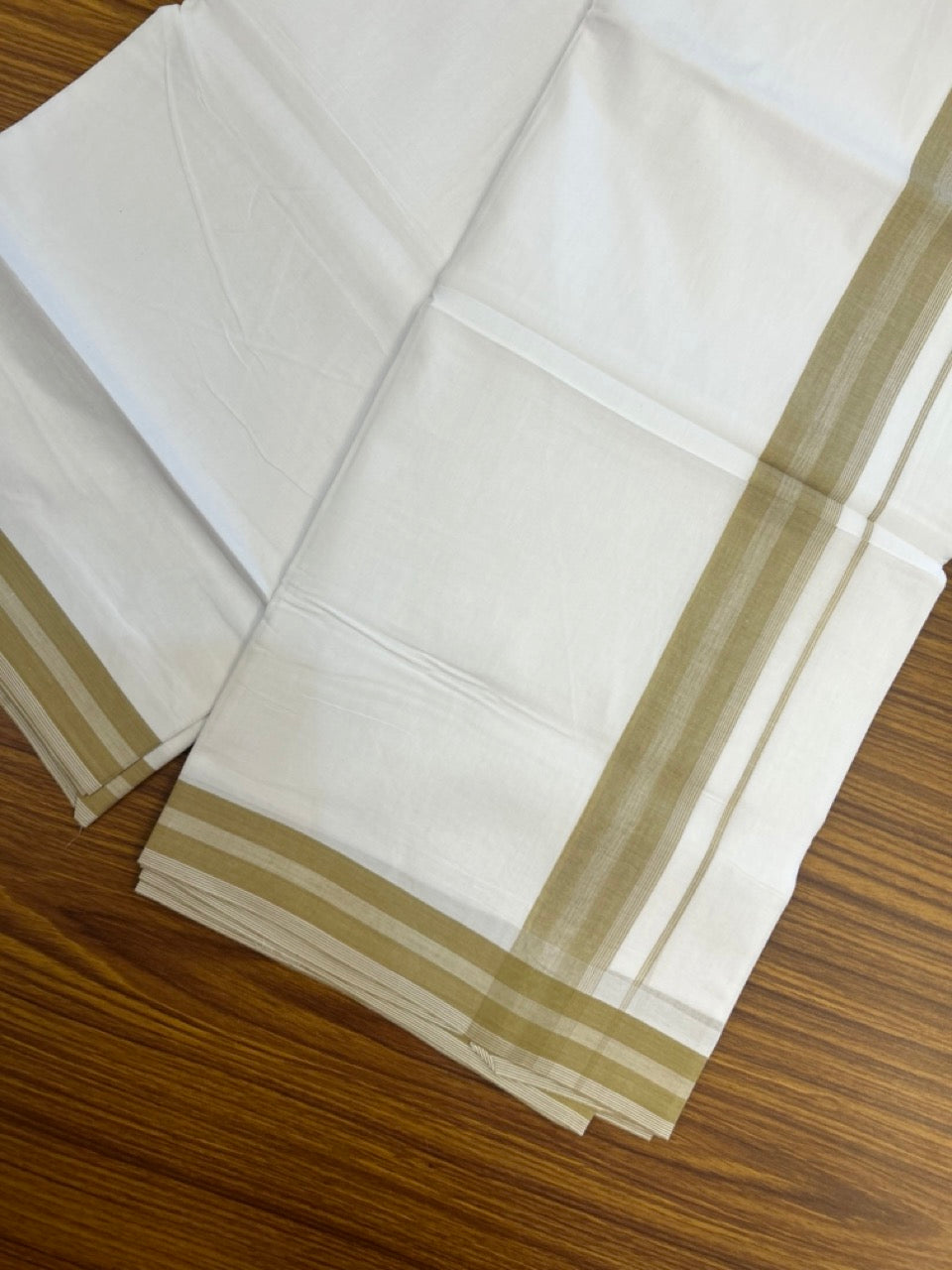 20% Discount ! Kaitharikada Balaramapuram 100% Cotton PURE WHITE Double Mundu/Dothi - 100x80 - 1.5 inch Dark Mustard Yellow Shaded Striped Kara 3.90 mtr (8 muzham) - 96 KK5294 THI