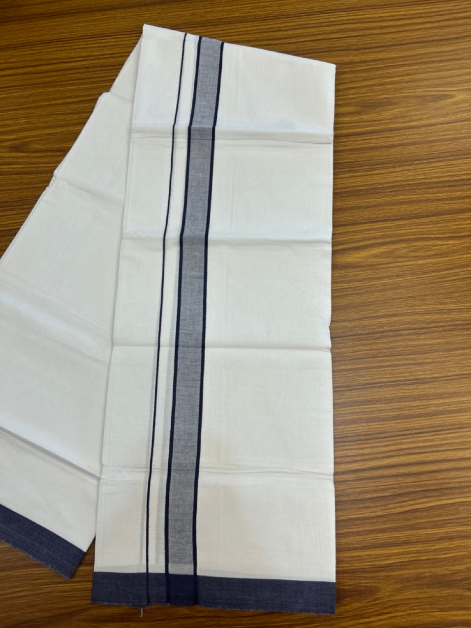 KaithariKada Balaramapuram 100% Cotton Single Pure White Mundu/Dhoti - 100X80 - 1.5 inch Navy Blue Shaded Stripes kara 2 mtr (4 muzham) - 6 KK5294 THI