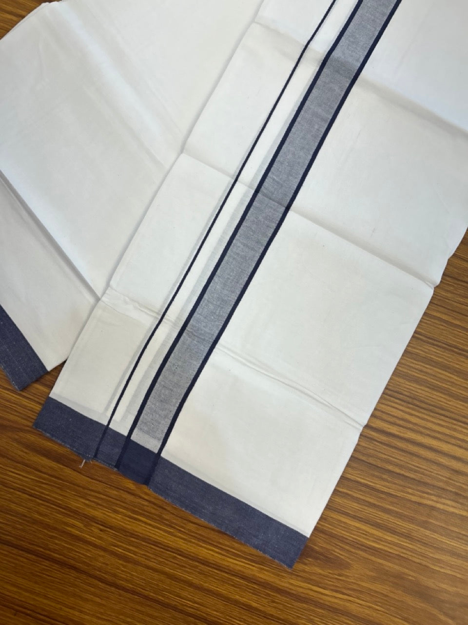 KaithariKada Balaramapuram 100% Cotton Single Pure White Mundu/Dhoti - 100X80 - 1.5 inch Navy Blue Shaded Stripes kara 2 mtr (4 muzham) - 6 KK5294 THI