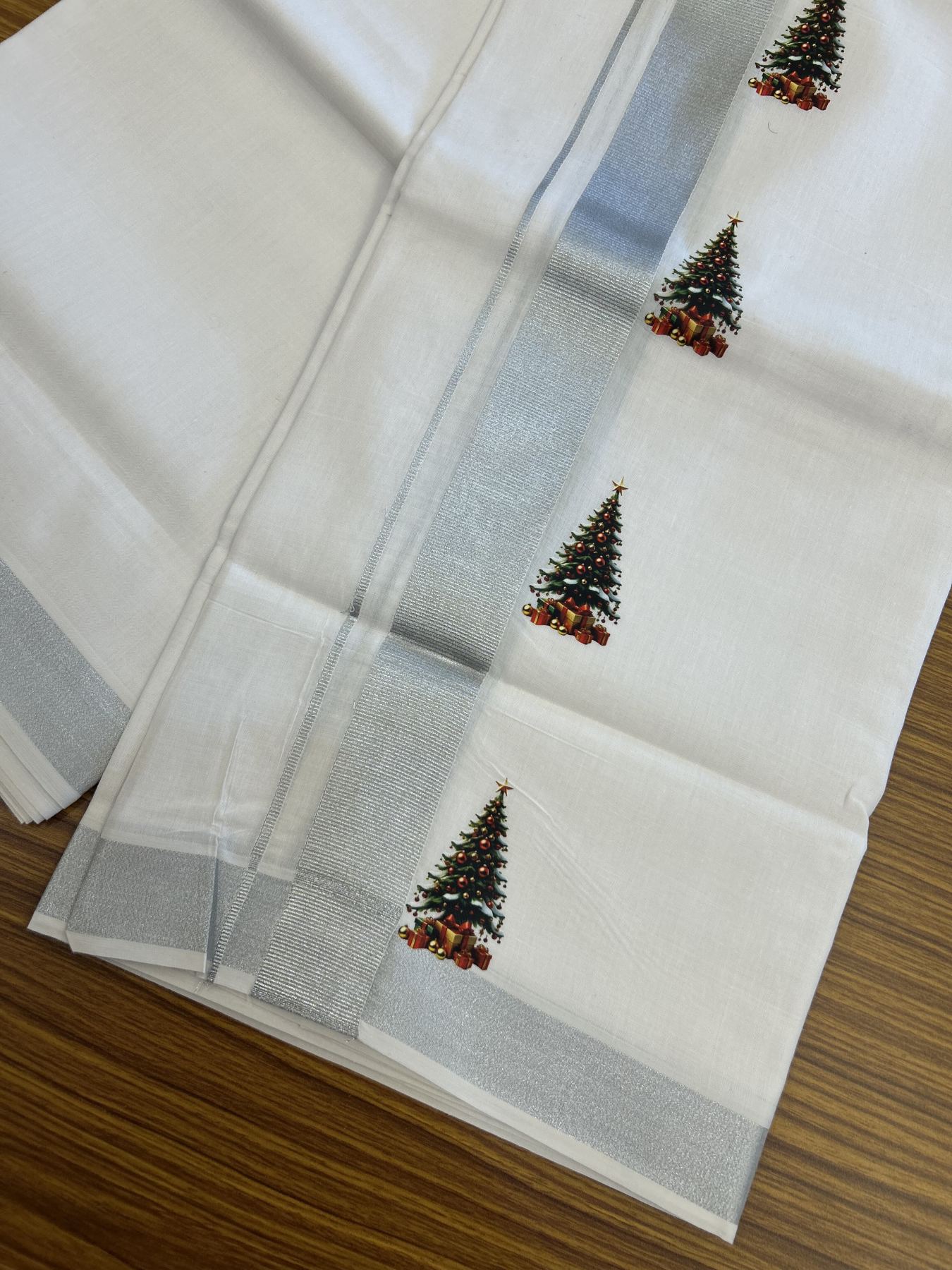 Christmas Special - 35% Discount ! KaithariKada Balaramapuram - Double Pure white Mundu/Dhoti- 60s - 50% Cotton & 50% Polyester - 1.5 inch Silver Kasav Christmas tree Printed Kara - 3.70 mtr (8 muzham) - 66 KK5329 GAN