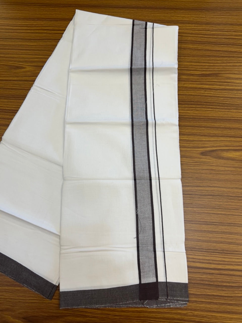 KaithariKada Balaramapuram 100% Cotton Single Pure White Mundu/Dhoti - 100X80 - 1.5 inch Brown Shaded Stripes kara 2 mtr (4 muzham) - 1 KK5294 THI