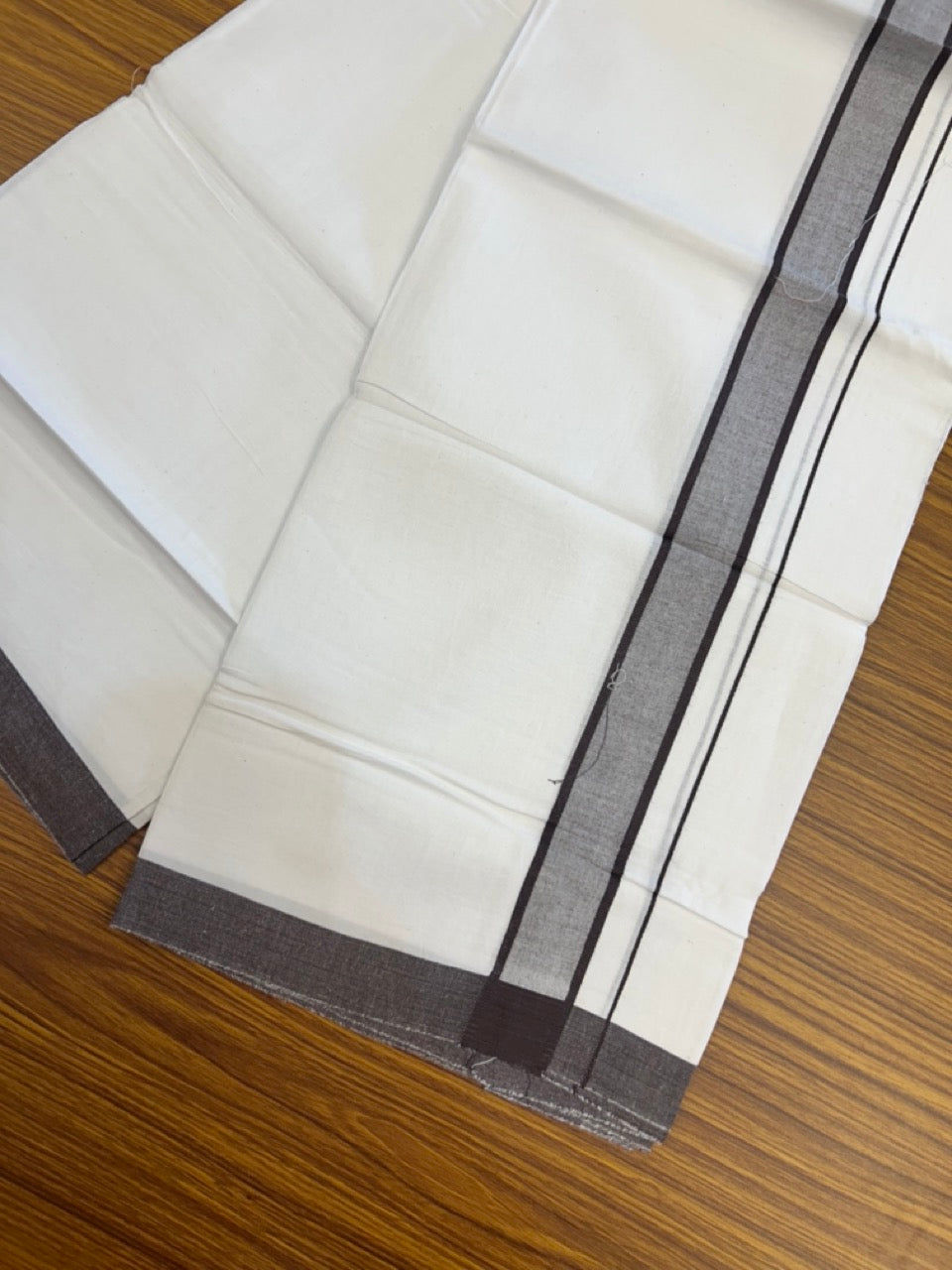 KaithariKada Balaramapuram 100% Cotton Single Pure White Mundu/Dhoti - 100X80 - 1.5 inch Brown Shaded Stripes kara 2 mtr (4 muzham) - 1 KK5294 THI
