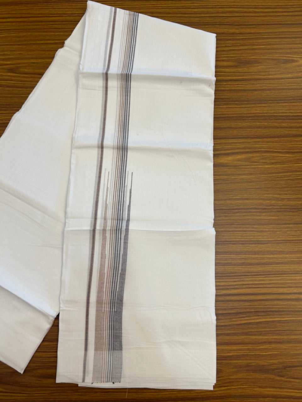 20% Discount ! Kaitharikada Balaramapuram 100% Cotton PURE WHITE Double Mundu/Dothi - 100x80 - 0.75 inch Puliyilakkara Ash Purple & Brown Shaded Striped Chutty Kara 3.90 mtr (8 muzham) - 97 KK5294 THI
