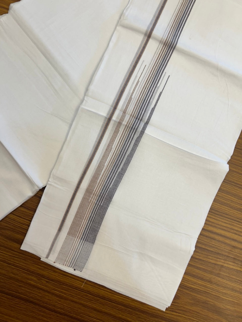 20% Discount ! Kaitharikada Balaramapuram 100% Cotton PURE WHITE Double Mundu/Dothi - 100x80 - 0.75 inch Puliyilakkara Ash Purple & Brown Shaded Striped Chutty Kara 3.90 mtr (8 muzham) - 97 KK5294 THI