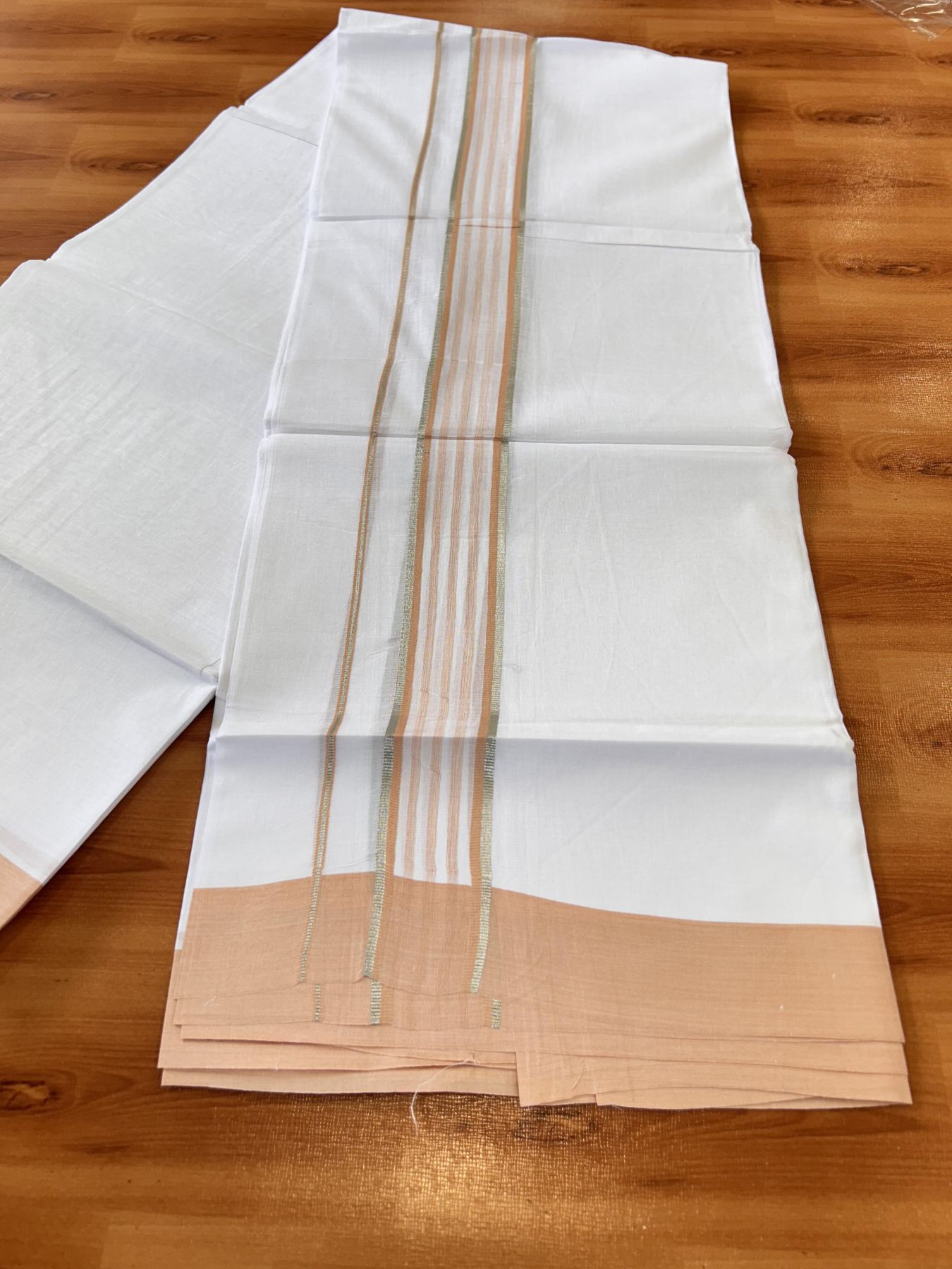 Pure White Double Mundu/Dhoti - 20% Discount ! Kaitharikada Balaramapuram 100% Cotton - 100x80 - 1.75 inch Silver Kasav & Light Orange Shaded Striped Kara 3.90 m (8 muzham) - 47 KK5432 PMC