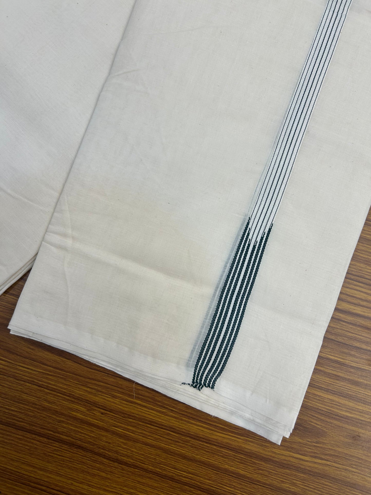 20% Discount! KaithariKada Balaramapuram 100% Cotton Double Off white Mundu/Dhoti- 100x100 - 0.75 inch Puliyilakkara Dark Green 6 Line Striped Chutty Kara - 4 mtr (8.5 muzham) - 6 KK5374 ASH