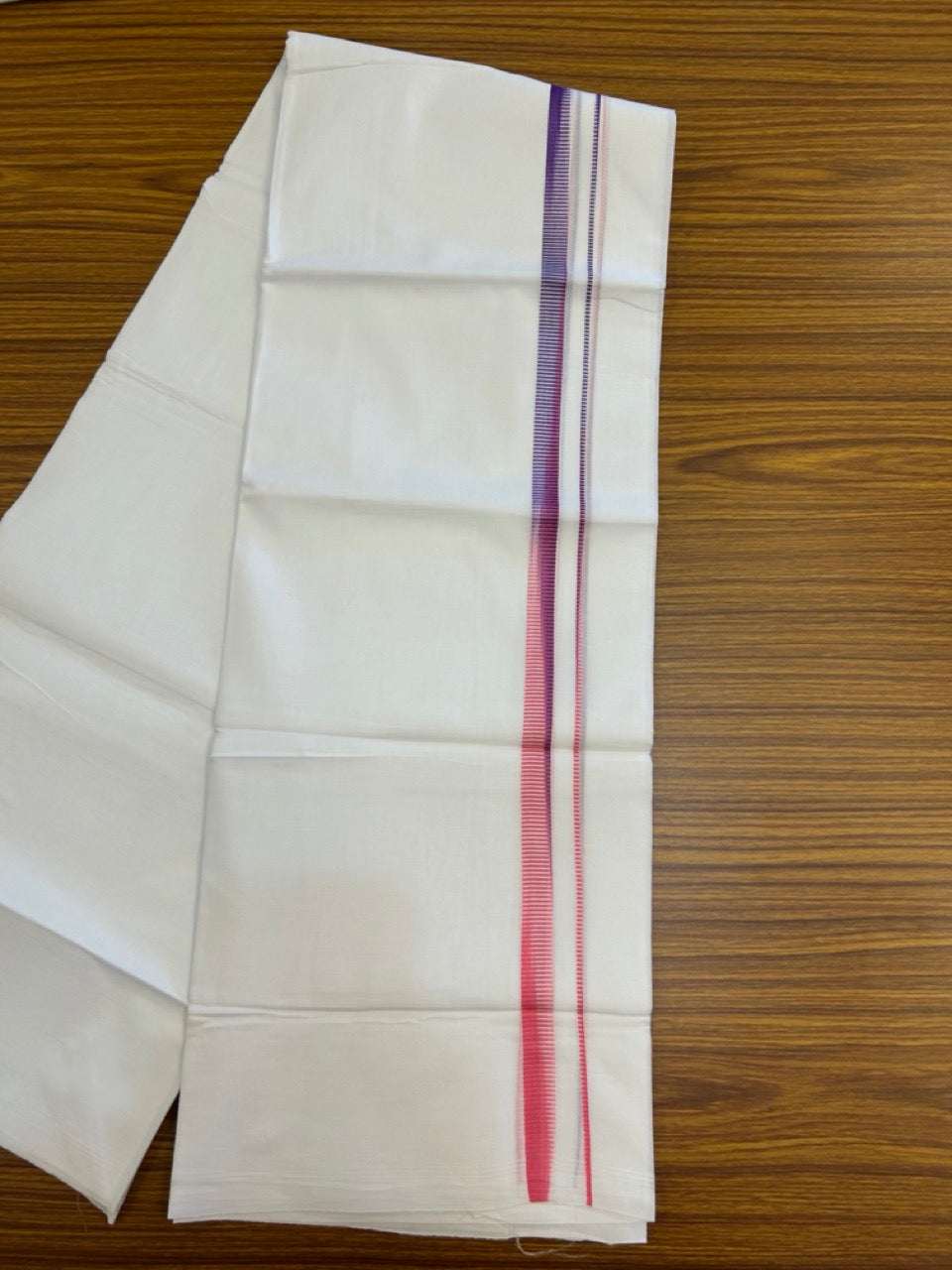 20% Discount ! Kaitharikada Balaramapuram 100% Cotton PURE WHITE Double Mundu/Dothi - 100x80 - 0.5 inch Pink & Violet Striped Kara 3.90 mtr (8 muzham) - 60 KK5294 THI