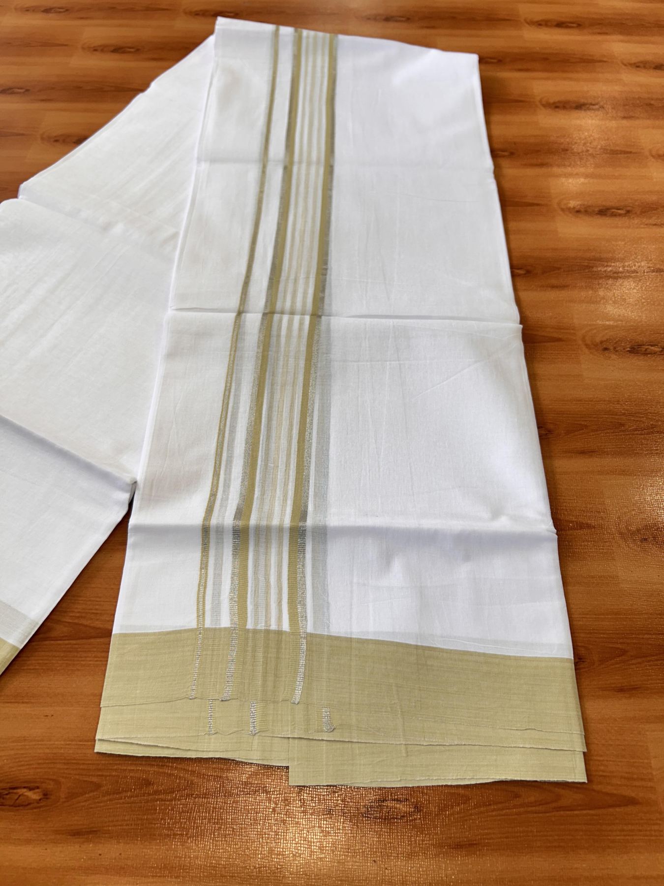 Pure White Double Mundu/Dhoti - 20% Discount ! Kaitharikada Balaramapuram 100% Cotton - 100x80 - 1.75 inch Silver Kasav & Light Pista Green Shaded Striped Kara 3.90 m (8 muzham) - 48 KK5432 PMC