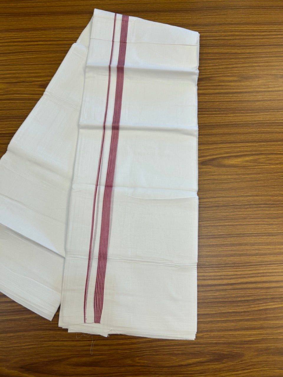 20% Discount ! Kaitharikada Balaramapuram 100% Cotton PURE WHITE Double Mundu/Dothi - 100x80 - 0.5 inch Maroon Striped Kara 3.90 mtr (8 muzham) - 61 KK5294 THI