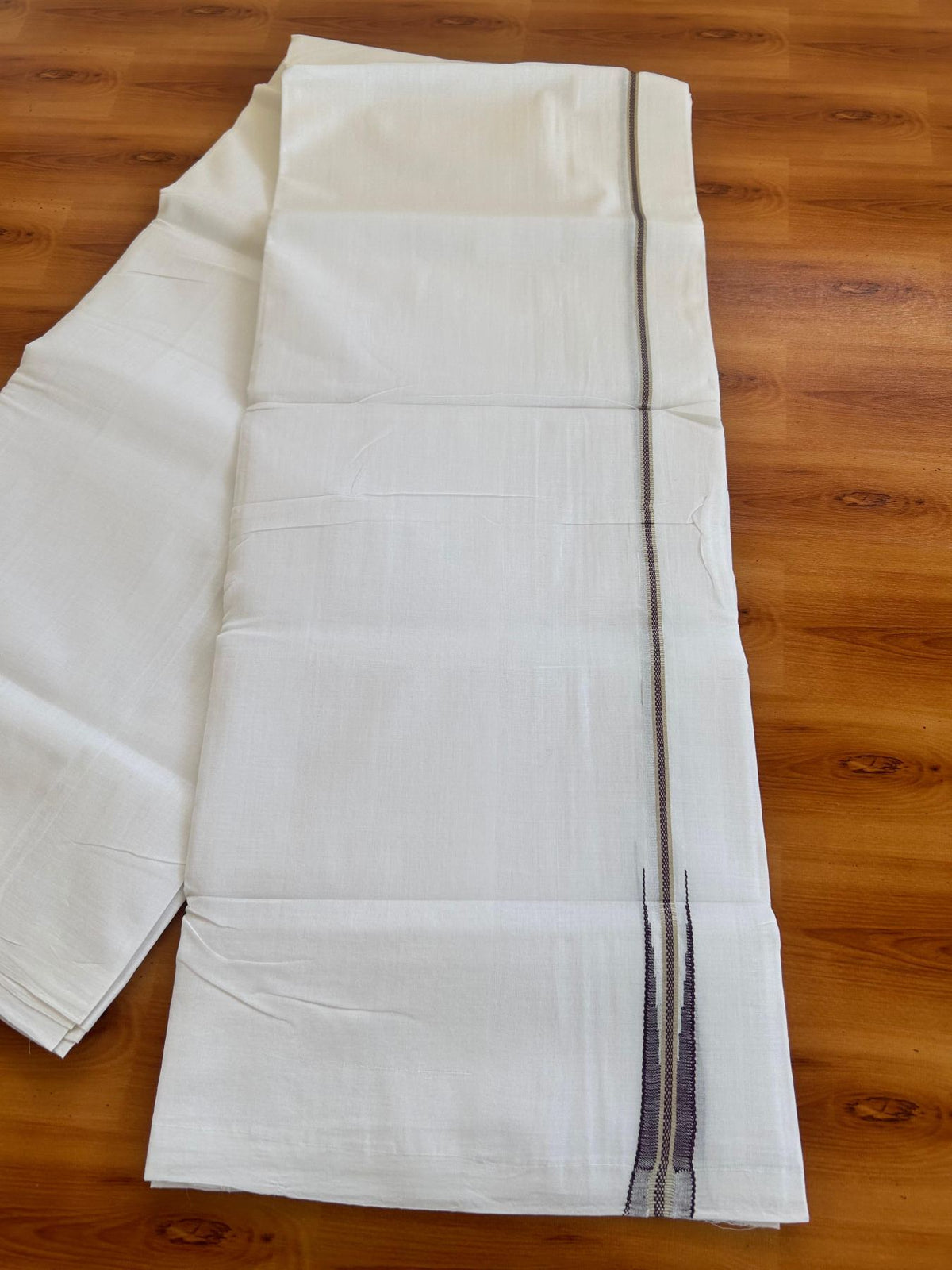 Double Pure White 25% Discount ! KaithariKada Handloom Millpaav - Kerala Handloom - 100% Pure Cotton - 80x90 - 0.25 Inch Puliyilakkara Silver Kasav & Dark Purple Chutty Kara 3.90 mtr (8.36 Muzham) - 33 KK5496 YAR