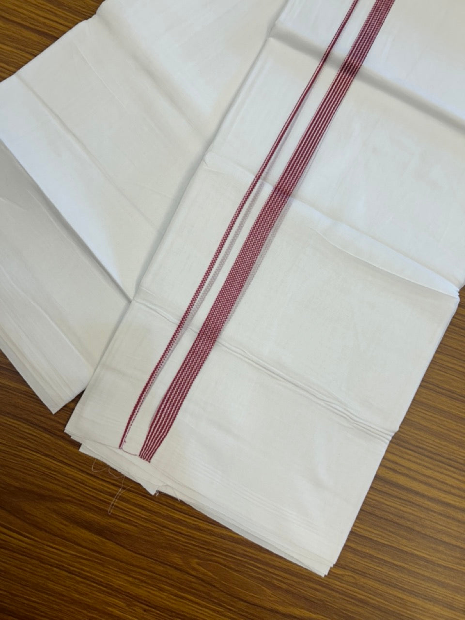 20% Discount ! Kaitharikada Balaramapuram 100% Cotton PURE WHITE Double Mundu/Dothi - 100x80 - 0.5 inch Maroon Striped Kara 3.90 mtr (8 muzham) - 61 KK5294 THI