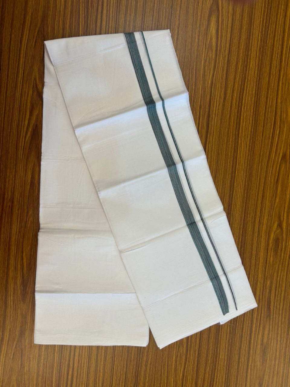 20% Discount ! Kaitharikada Balaramapuram 100% Cotton PURE WHITE Double Mundu/Dothi - 100x80 - 0.75 inch Green & Brown Striped Kara 3.90 mtr (8 muzham) - 62 KK5294 THI