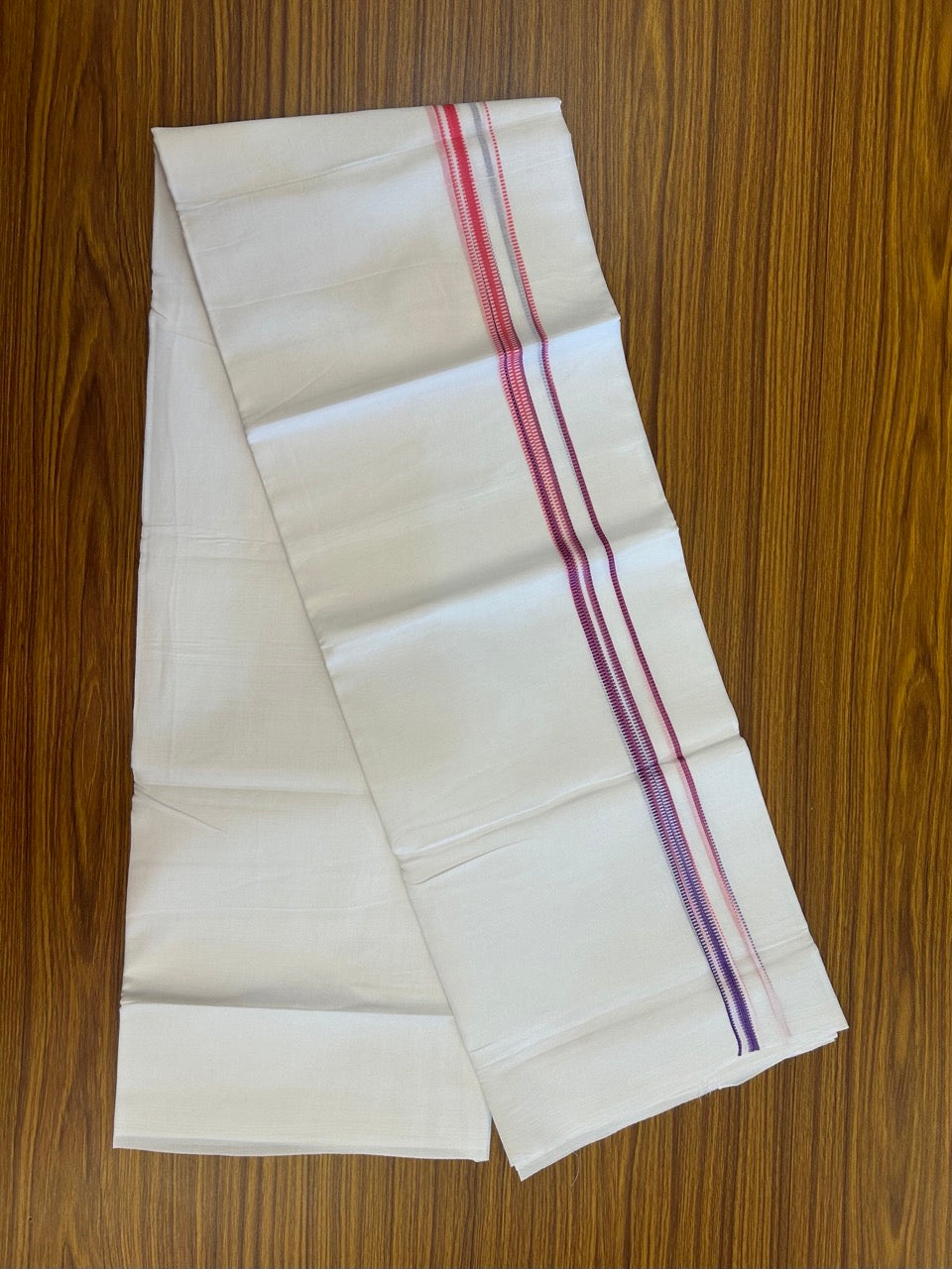 20% Discount ! Kaitharikada Balaramapuram 100% Cotton PURE WHITE Double Mundu/Dothi - 100x80 - 0.5 inch Pink & Violet Striped Kara 3.90 mtr (8 muzham) - 63 KK5294 THI