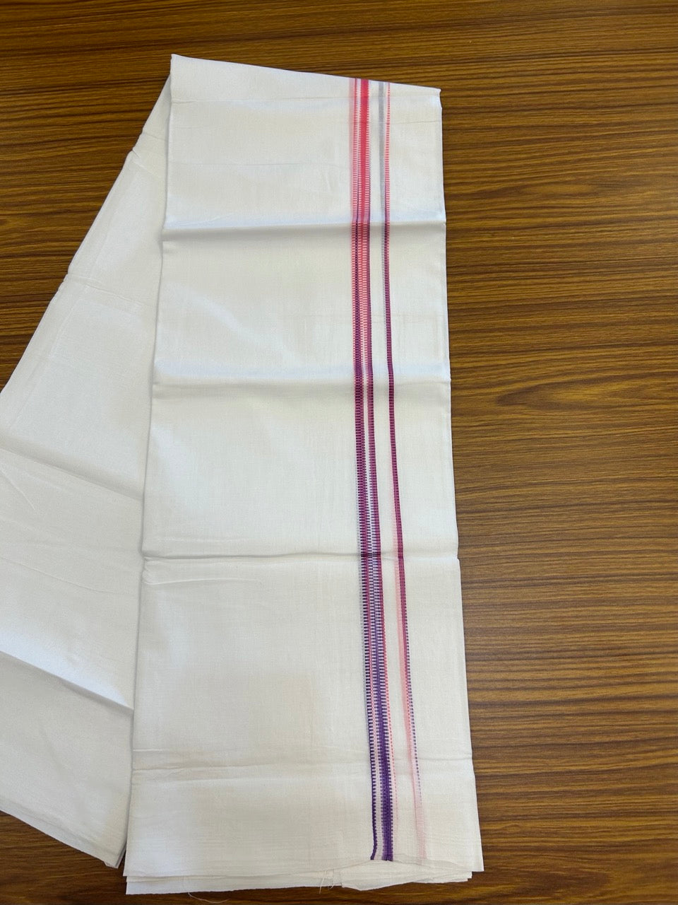 20% Discount ! Kaitharikada Balaramapuram 100% Cotton PURE WHITE Double Mundu/Dothi - 100x80 - 0.5 inch Pink & Violet Striped Kara 3.90 mtr (8 muzham) - 63 KK5294 THI