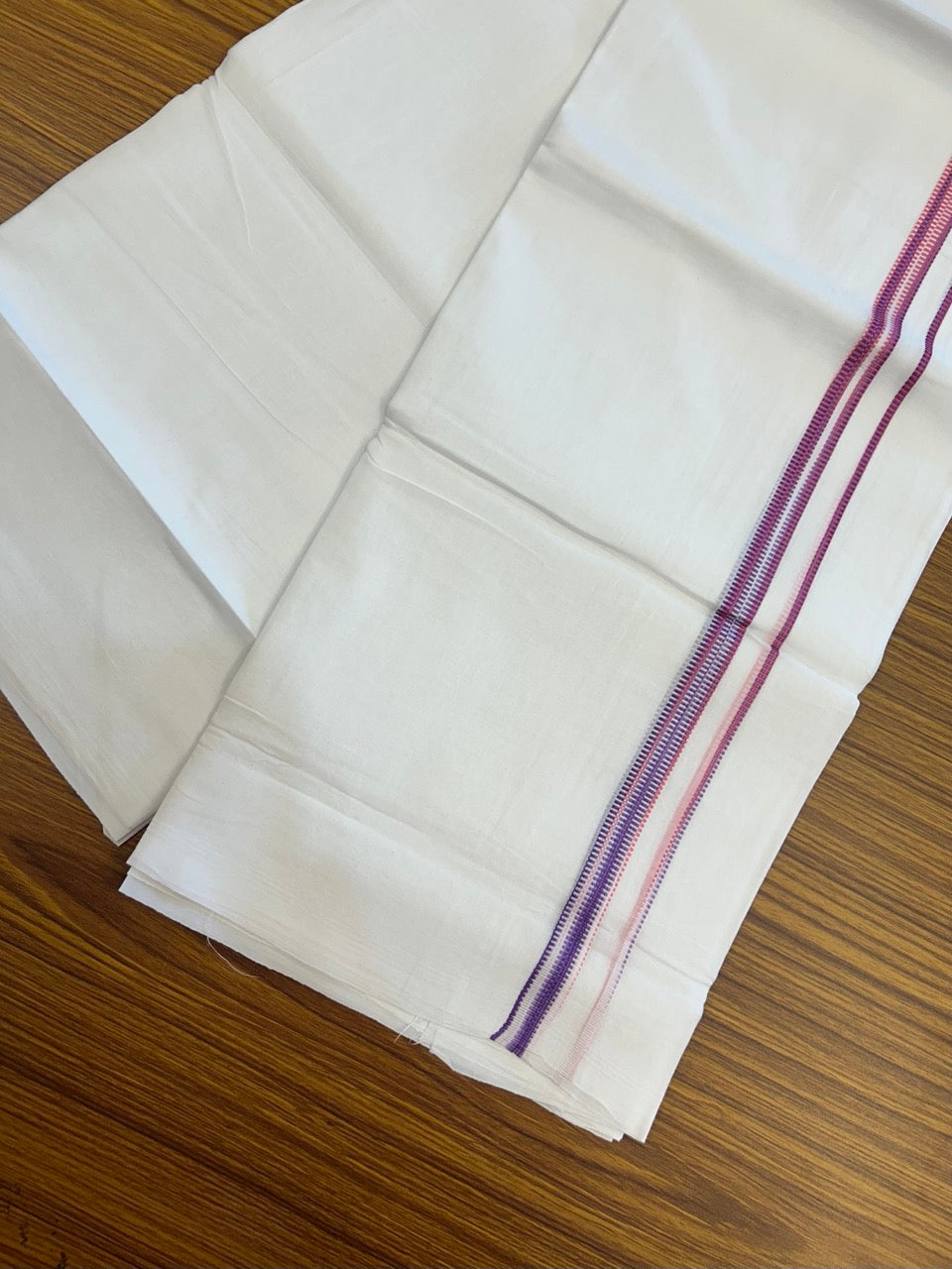 20% Discount ! Kaitharikada Balaramapuram 100% Cotton PURE WHITE Double Mundu/Dothi - 100x80 - 0.5 inch Pink & Violet Striped Kara 3.90 mtr (8 muzham) - 63 KK5294 THI