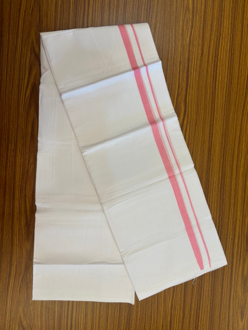20% Discount ! Kaitharikada Balaramapuram 100% Cotton PURE WHITE Double Mundu/Dothi - 100x80 - 0.5 inch Pink Striped Kara 3.90 mtr (8 muzham) - 59 KK5294 THI