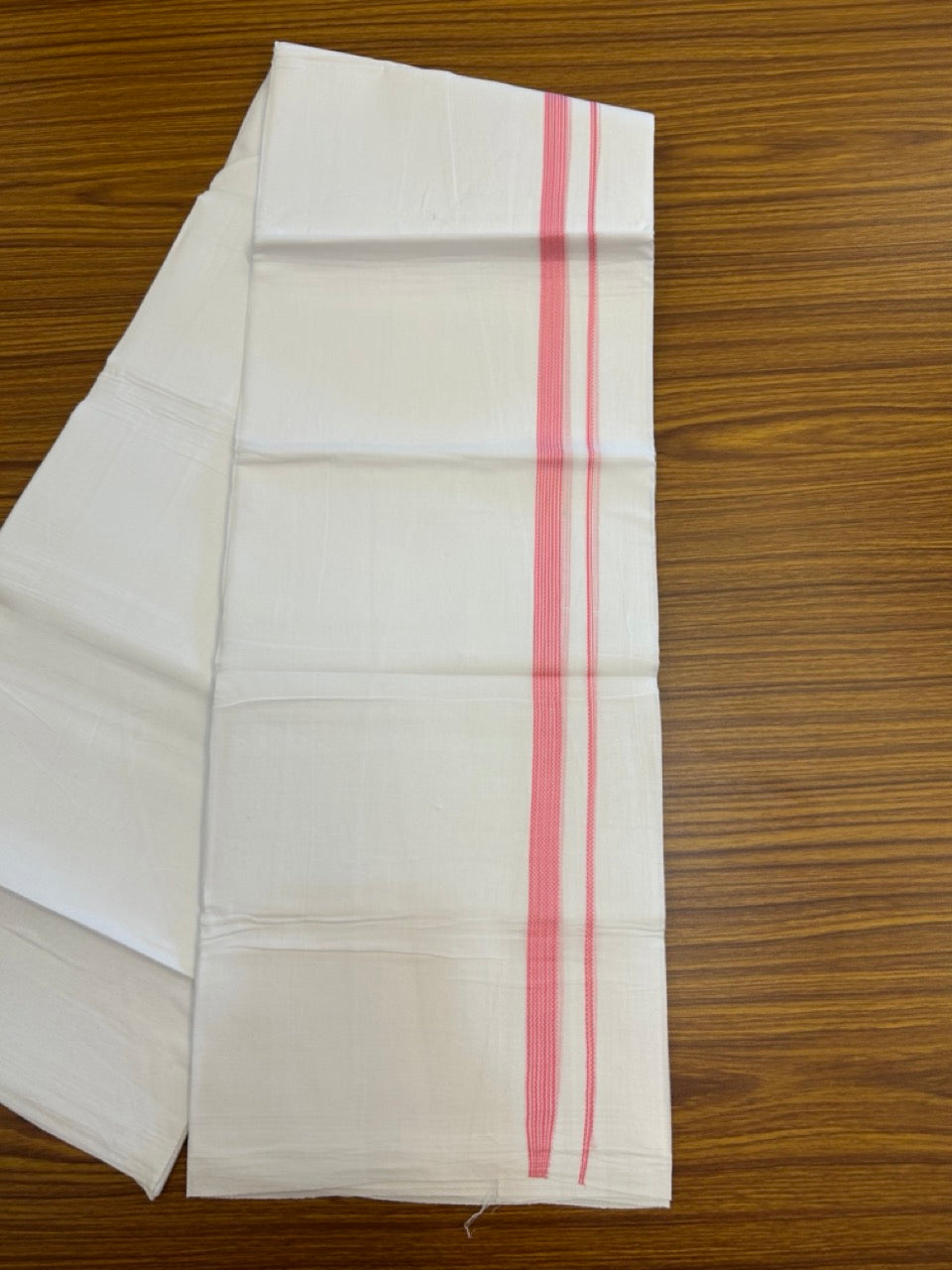 20% Discount ! Kaitharikada Balaramapuram 100% Cotton PURE WHITE Double Mundu/Dothi - 100x80 - 0.5 inch Pink Striped Kara 3.90 mtr (8 muzham) - 59 KK5294 THI