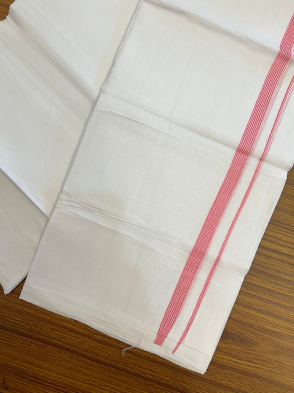 20% Discount ! Kaitharikada Balaramapuram 100% Cotton PURE WHITE Double Mundu/Dothi - 100x80 - 0.5 inch Pink Striped Kara 3.90 mtr (8 muzham) - 59 KK5294 THI