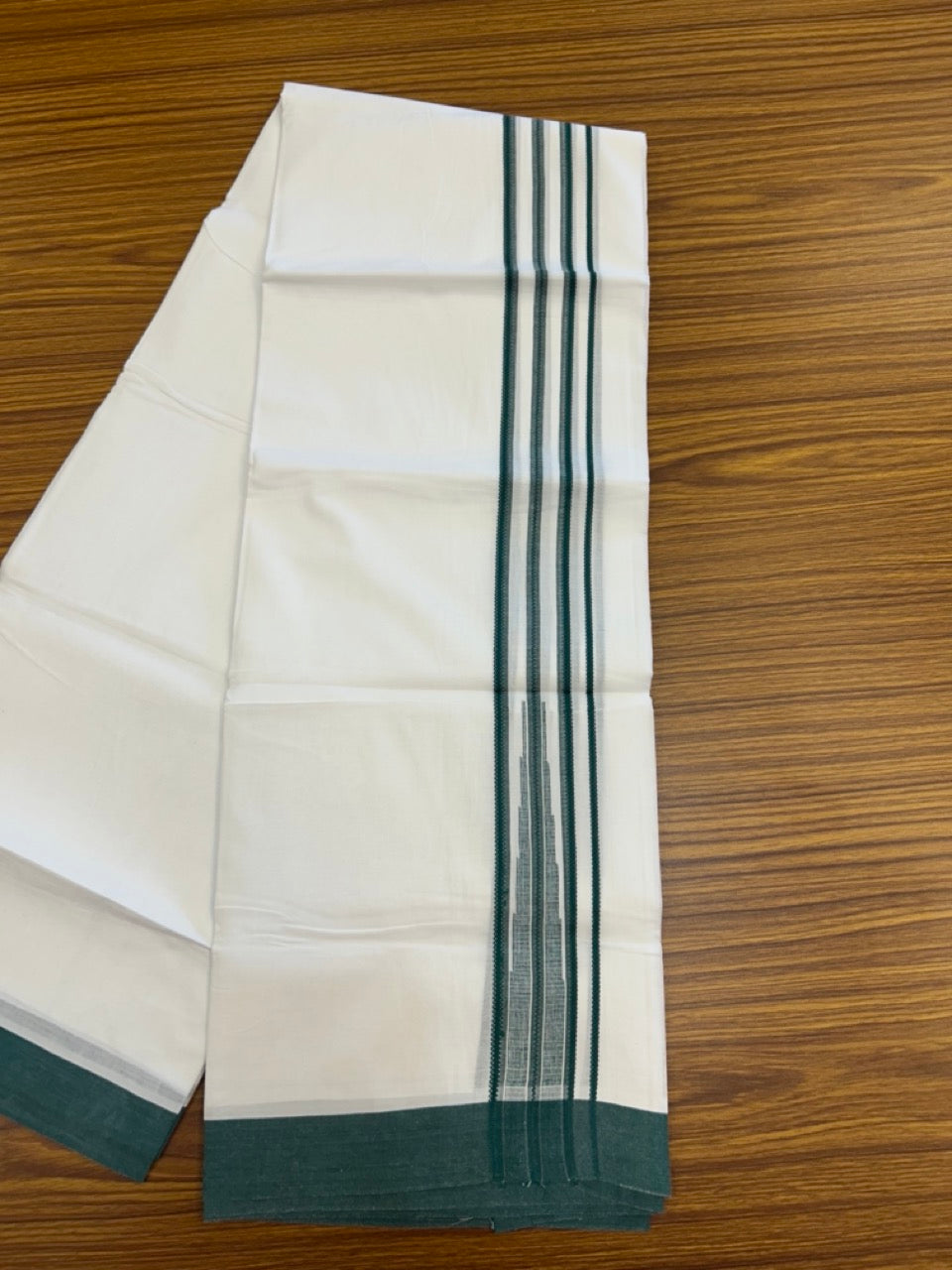 20% Discount ! Kaitharikada Balaramapuram 100% Cotton PURE WHITE Double Mundu/Dothi - 100x80 - 1.5 inch Puliyilakkara Green Striped Chutty Kara 3.90 mtr (8 muzham) - 98 KK5294 THI
