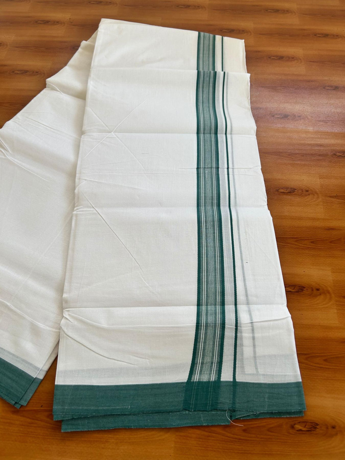Double Pure White 25% Discount ! KaithariKada Handloom Millpaav - Kerala Handloom - 100% Pure Cotton - 80x90 - 1.25 inch Teal Green Striped Shaded Kara 3.90 mtr (8.36 Muzham) - 36 KK5496 YAR