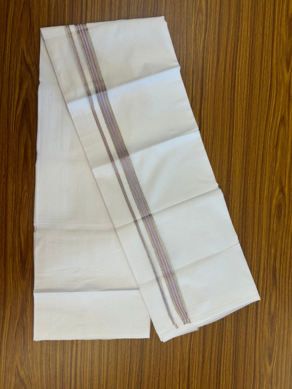 20% Discount ! Kaitharikada Balaramapuram 100% Cotton PURE WHITE Double Mundu/Dothi - 100x80 - 0.75 inch Silver Kasav & Multi Colour Striped Kara 3.90 mtr (8 muzham) - 64 KK5294 THI