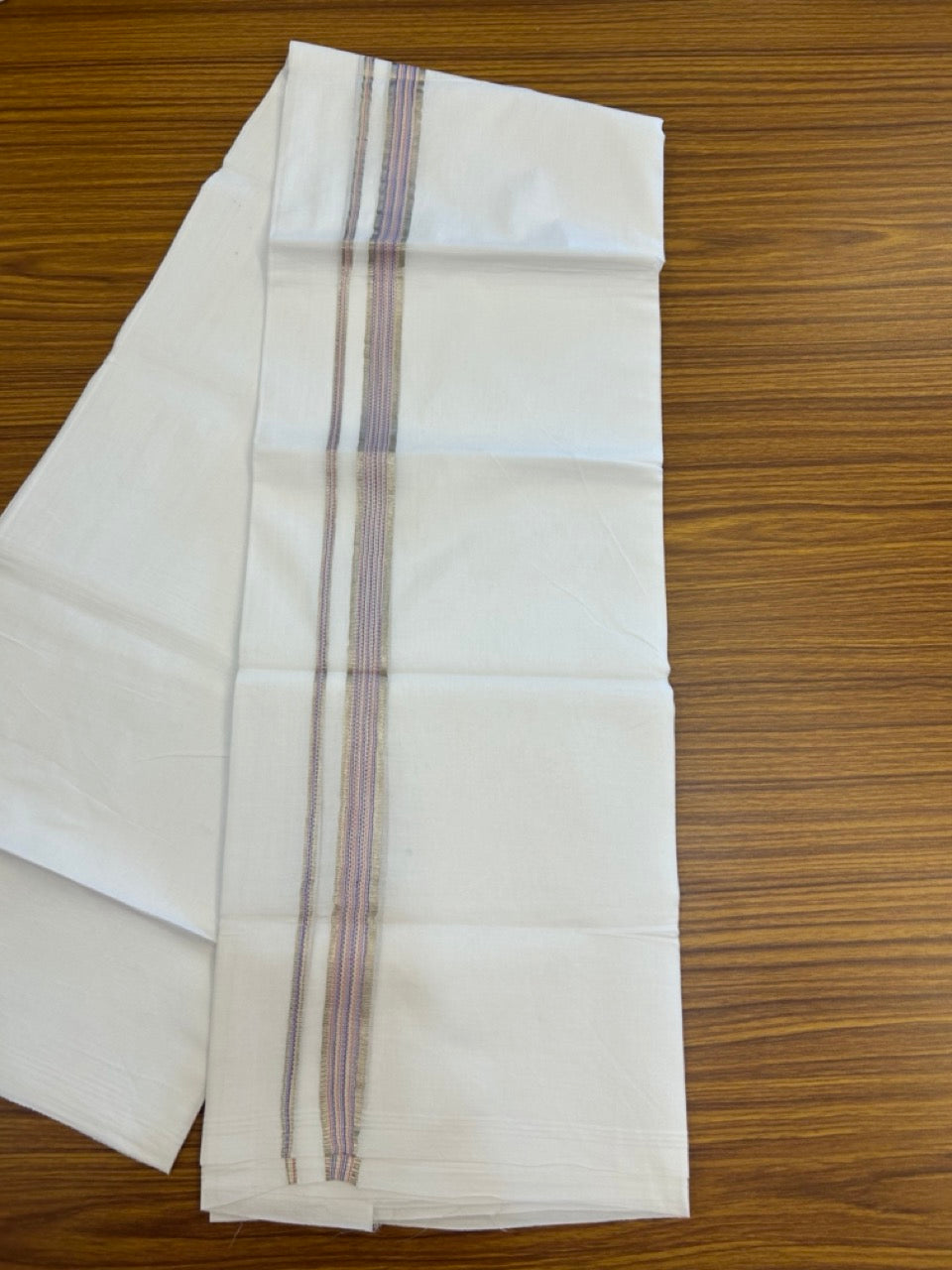 20% Discount ! Kaitharikada Balaramapuram 100% Cotton PURE WHITE Double Mundu/Dothi - 100x80 - 0.75 inch Silver Kasav & Multi Colour Striped Kara 3.90 mtr (8 muzham) - 64 KK5294 THI